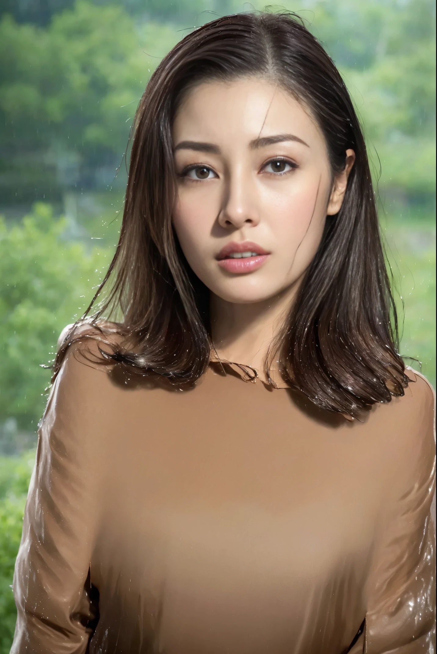 (best quality, 4k, masterpiece :1.pretty Woman, 1 girl, (, attractive body :1.2), abdominal muscles :1.1, dark brown hair: 1.1, (wet from rain, wet by rain, wet :1.2), Super detailed face, Detailed lips, delicate eyes, double eyelids, cowboy shooting, Squat down,