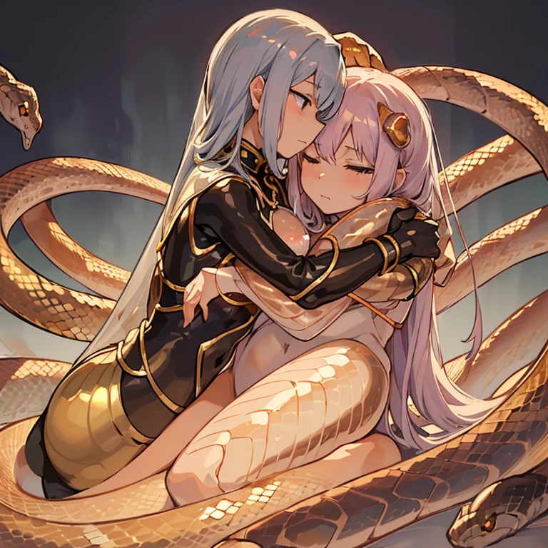 Arrest of all-backed cotton silkworm girl who serves the Transparent Silver Snake、amazing dynamism、amazing angle、unstable buoyancy sandstorm、((Many friendly transparent copper snakes whispering to each other while cuddling together.、hugging each other))、 (surround each other&#39;Transparent gold snake)