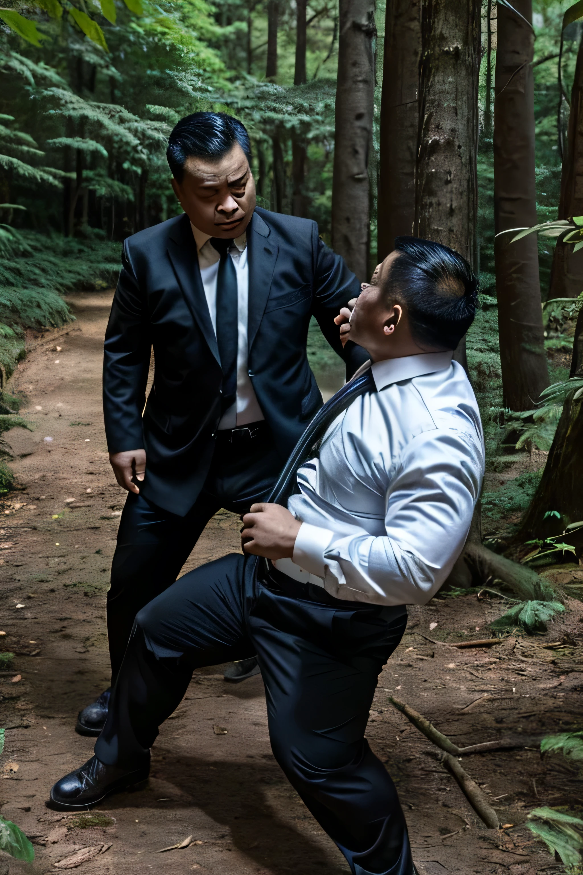 wear suit，Wear a black tie, Fat Chinese mature middle-aged man with security guard，fighting in the forest