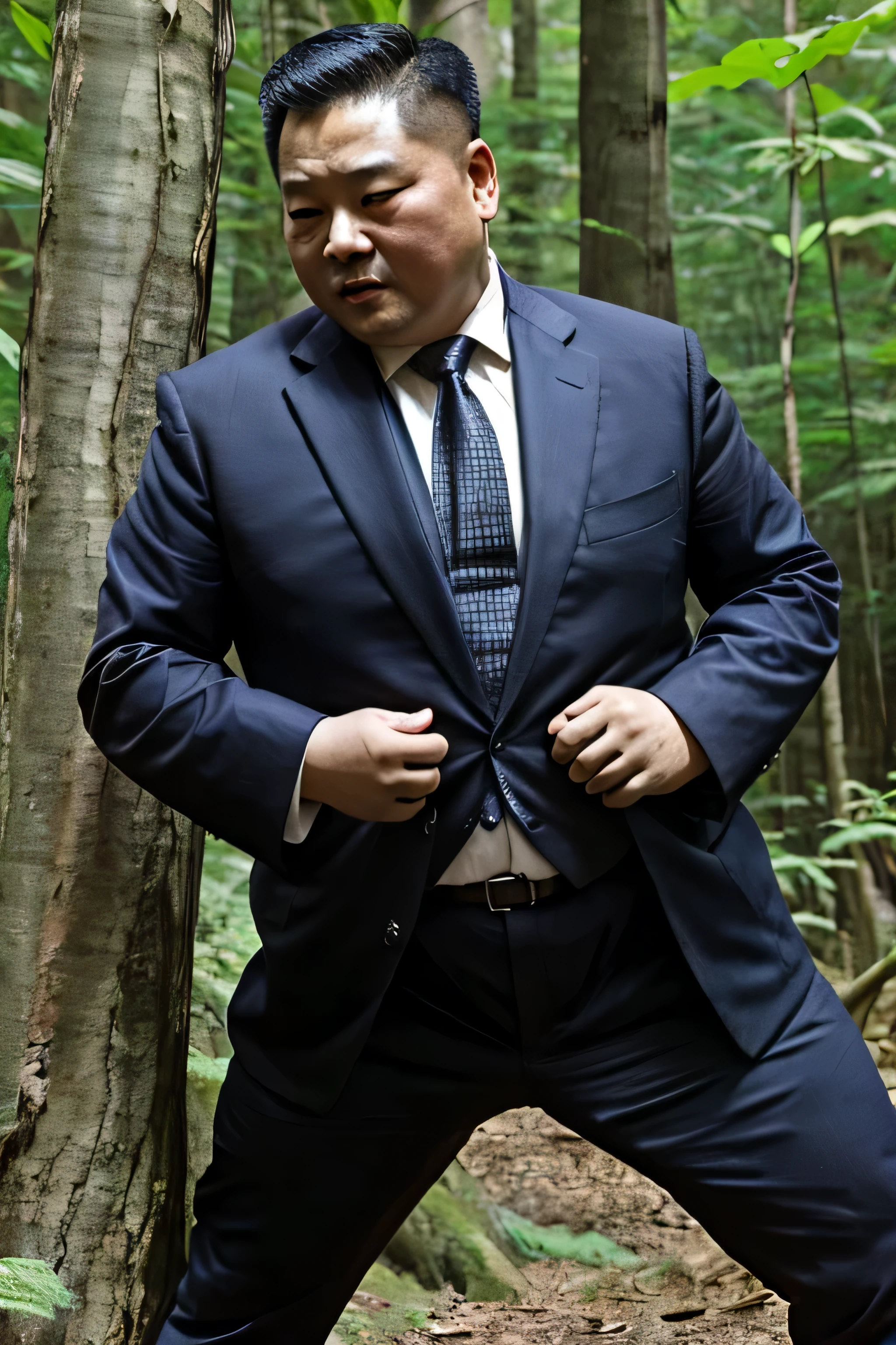 wear suit,Wear a black tie, Fat Chinese mature middle-aged man with security guard,fighting in the forest