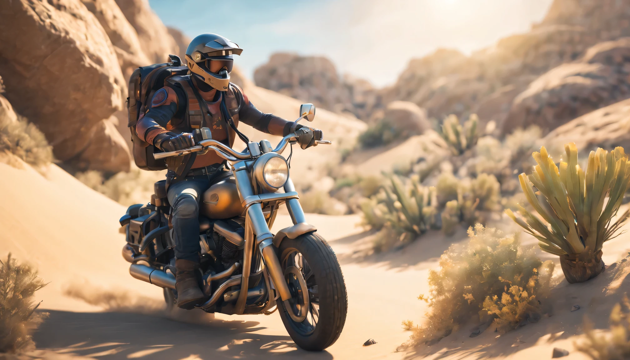 (best quality,4k,8K,high resolution,masterpiece:1.2),Super detailed,(actual,photoactual,photo-actual:1.37),desert canyon,mad max ride,Post-apocalyptic punk style motorcycle,Gritty,Hot weather,dusty wind,dune,rock formations,harsh terrain,desolate landscape,Vibrant sunset colors,dazzling sunlight,desert flora and fauna,Subtle lens flare,Contrast shadows,high contrast,Gritty textures,dramatic lighting,moody atmosphere,alien-like rock formations
