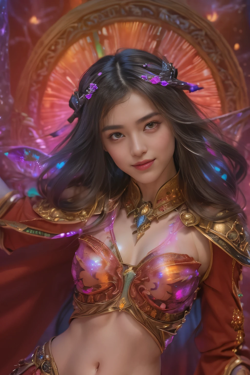 (((masutepiece,))),Professional , masterpiece、top-quality、photos realistic , depth of fields 、Raw photo、女の子1a person、glowy skin、(sexypose)、(Maple in full bloom),(Ultimate Beauty)、A dark-haired、Mystical expression、ultrasharp、(a temple background),()、(shrine background)、(Kimono with a beautiful rainbow pattern)、(Night background)、Beautiful hair ornament on the head、,(intense fighting),((Precipitous cliffs)),(Wear a beautiful colorful kimono),(Wear a colorful and beautiful kimono)、(Japan Castle Background)、Jewel Gold Weapon、Particles of light),(intense fighting)、Gorgeous gold weapons ,Castle background、(( Gorgeous Dragon Sword)) , (a dark night),,(maikurobikini) 、((Black Haired Beautiful Girl))、(Castle background)、(demonic wings)、((Gangle's forest background))、Beautiful Caucasian beauty、1a person、dynamic ungle,(((Two devil's horns on the head)))、Smaller head、Idle Smile、Thin and beautiful female hands、Mystical expression、Light Effects、intense fighting、Wind-effect、magic circles、With the legendary magic wand、Dragon's tail、Anatomically correct fingers、Full Body Angle、Anatomically correct number of fingers、Full Body Angle、(cleavage of the breast)、