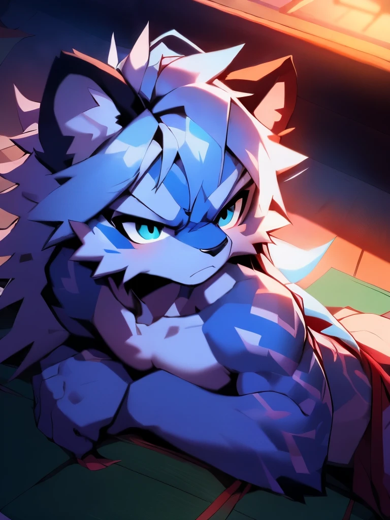 boy,white white tiger,light blue white tiger pattern,serious expression,long hair,hip,naked,tatami room,Lying down,big bust,penis,pain,A tough look