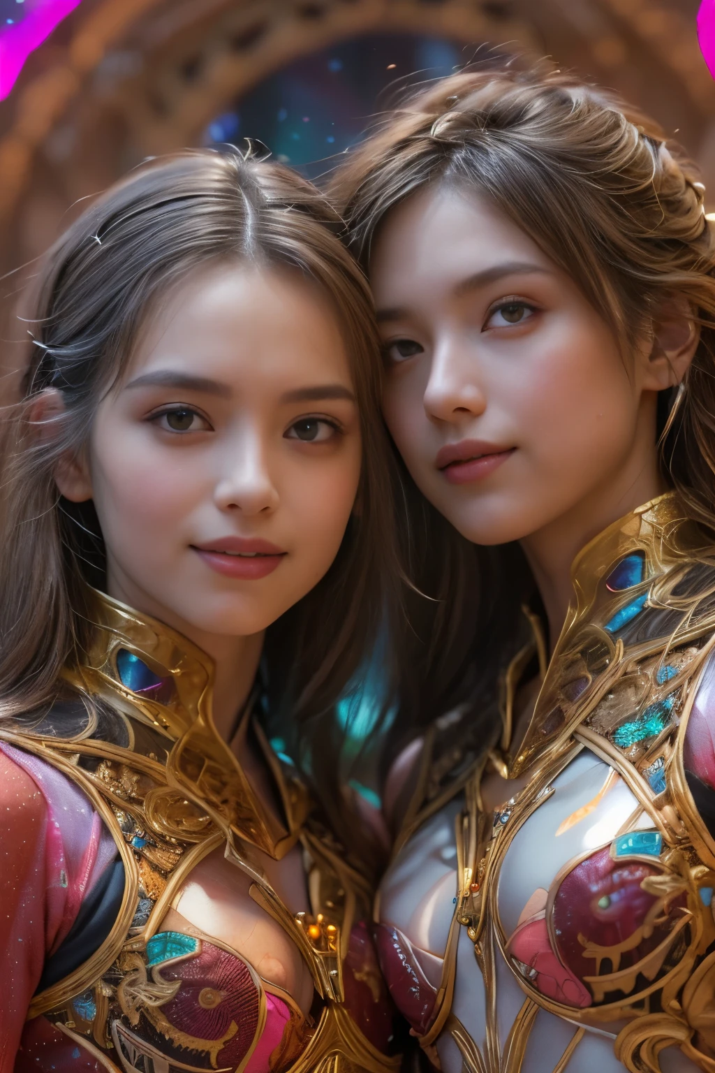 (Two beautiful age italian girls:1.6), Close friends, (They are hugging each other:1.2), Kiss her cheek or chest,(Detailed iridescent bodysuit with beautiful fractal or marble design:1.5), Incredible and spectacular scenes, ((High quality)), ((Detailed)), ((Fantasy)), Blue Plasma Brain, Green Plasma Body, Showing her armpits, beutiful breast, obscenity, (Lewd smile:1.2), coarse, Obscene, (Immoral:1.2), Lachish, (small breasts with beautiful raised pink areolas,,,:1.5), (Cameltoe), (Expression of ecstasy:1.2), Photorealistic, Official art, Unity 8K Wall , 8K Portrait, Best Quality, Very high resolution, (Incredibly beautiful nature background:1.6), (18 years old:1.5), (Sexy and glamorous:1.1), (A coquettish expression:1.6), (seductively smiling:1.6), (erotic posing:1.9), (Model Posing:1.8), Beautiful seductive face, Portrait, (Thick eyebrows:1.4), (Big scarlet eyes:1.6), Beautiful eyes with fine symmetry, (Ultra detailed eyes:1.4),(Highly detailed face and eyes:1.7), (High-resolution red-eye:1.8), Intimate face, (ultra detailed skin texture:1.4), White skin, pale skin, Perfect Anatomy, Thin, (Beautiful toned body:1.5), Highly detailed hair, (Moist skin:1.2), No makeup, (dark circles:1.1), Good anatomy, Focus Face, good-looking, (Emilia Clark:0.6) (Emma watson:0.3),(Jennifer Connelly:0.4), Elegant face, Nice, (A delicately crafted necklace is wrapped around her neck...), (Bioluminescence with brilliant brilliance:1.4), (Luminous magic circle:1.5), Ruins of an ancient castle, Shining majestic cloud masses and sky, lightning bolt, Epic Realistic, (Greg Rutkowski:0.8), (teal and orange:0.4), (Art Station:1.5), Cinematic, (NSFW:1.2), Hyper Detailed, Dramatic light, (Intricate details:1.1), Beautiful black hair, (Wearing a gauntlet with a dense and very beautiful design decorated with jewels:1.1), Small chest, Galaxy, (nebulas:1.6), The Dark Knight, Fully armored body focus