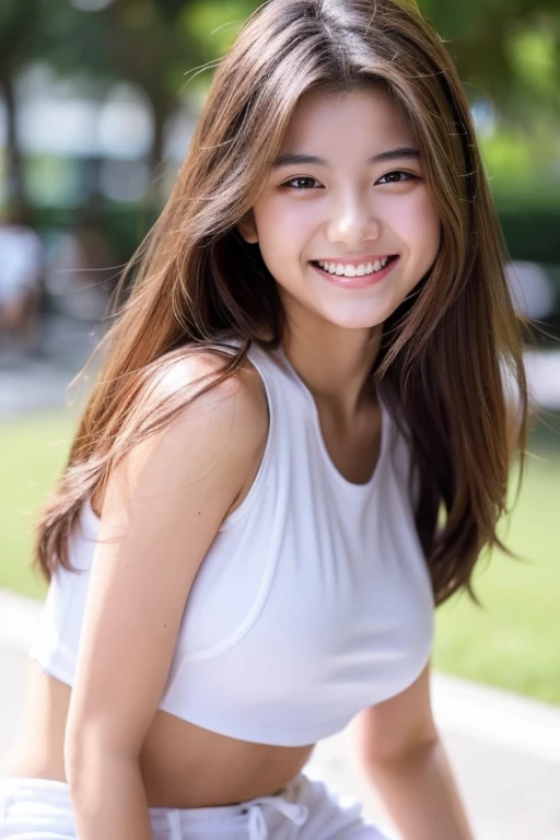 18-year-old、Front view、long hair、big bust、white short pants、whole body、With a smile、look directly at the camera、