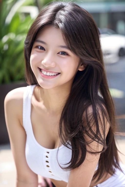 18-year-old、Front view、long hair、big bust、white short pants、whole body、With a smile、look directly at the camera、