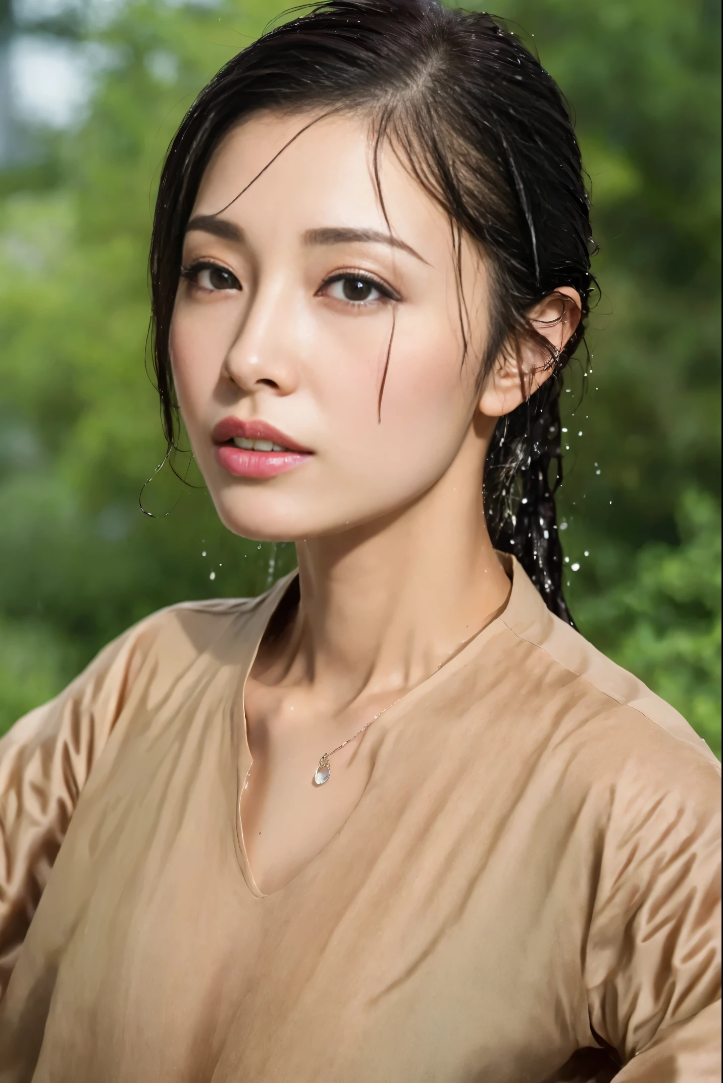 (best quality, 4k, masterpiece :1.pretty Woman, 1 girl, (, attractive body :1.2), abdominal muscles :1.1, dark brown hair: 1.1, ((wet from rain, wet by rain, wet :1.2)), Super detailed face, Detailed lips, delicate eyes, double eyelids, cowboy shooting, Squat down,