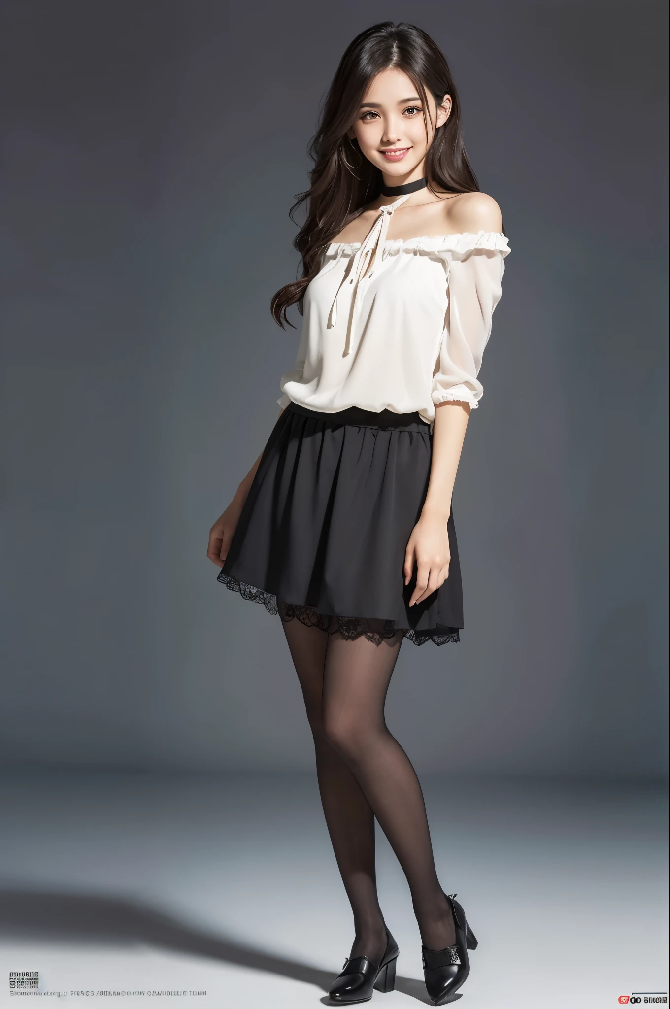 Ulsan-6500-v1.1, (Raw photo:1.2), (photorealistic), beautiful detailed girl, (pussy real: 1.4), very detailedな目と顔, beautiful detailed eyes,  (Strapless blouse, flare skirt, super realistic pantyhose:1.3, black choker)、Full body Esbian、 (very affectionate smile:1.2)、huge file size, High resolution, very detailed, highest quality, [masterpiece:1.6], An illustration, very detailed, ticker, fine details, highest quality, 8K wallpaper, movie lighting, 1 girl, 17 years old, perfect body shape, cute droopy eyes beautiful big eyes、Pieck finger, ((muste piece)), best quality, 1 girl, eye shadow, upper body whole body, People photography, ((full body shot:1.4))、