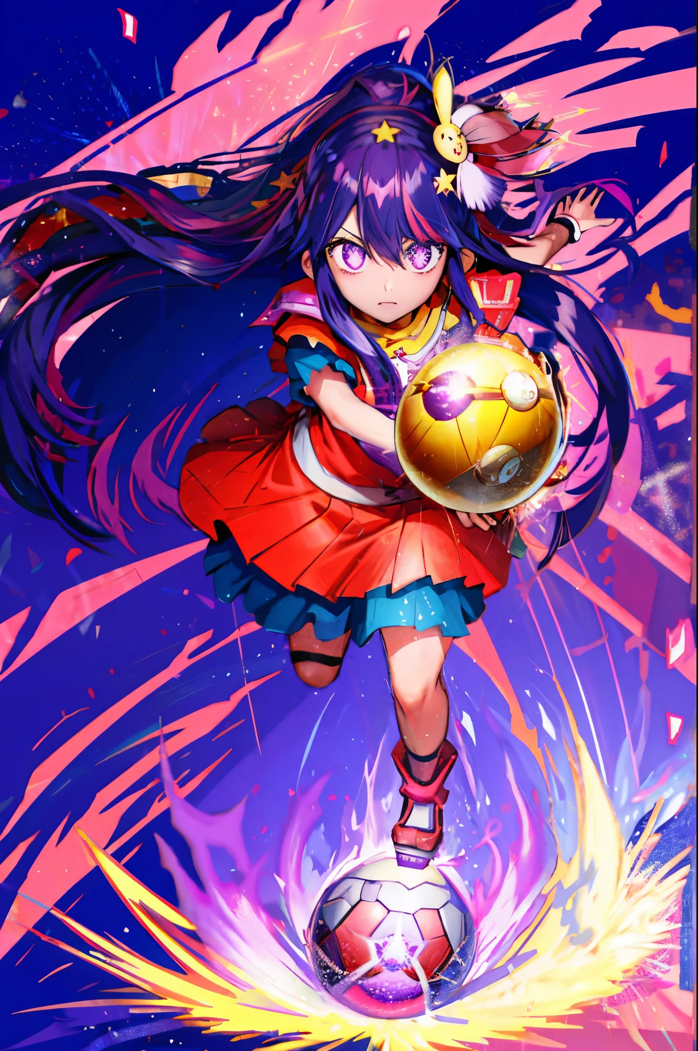 best quality, fullbody Hoshino Ai, long hair, purple hair, streaked hair ,purple eyes, star-shaped pupils, hair ornament,  expressive eyes, perfect face, Mario Striker Style