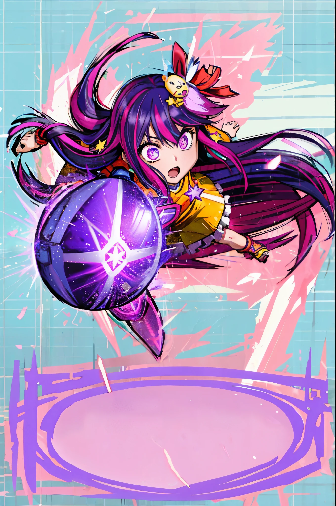 best quality, fullbody Hoshino Ai, long hair, purple hair, streaked hair ,purple eyes, star-shaped pupils, hair ornament,  expressive eyes, perfect face, Mario Striker Style