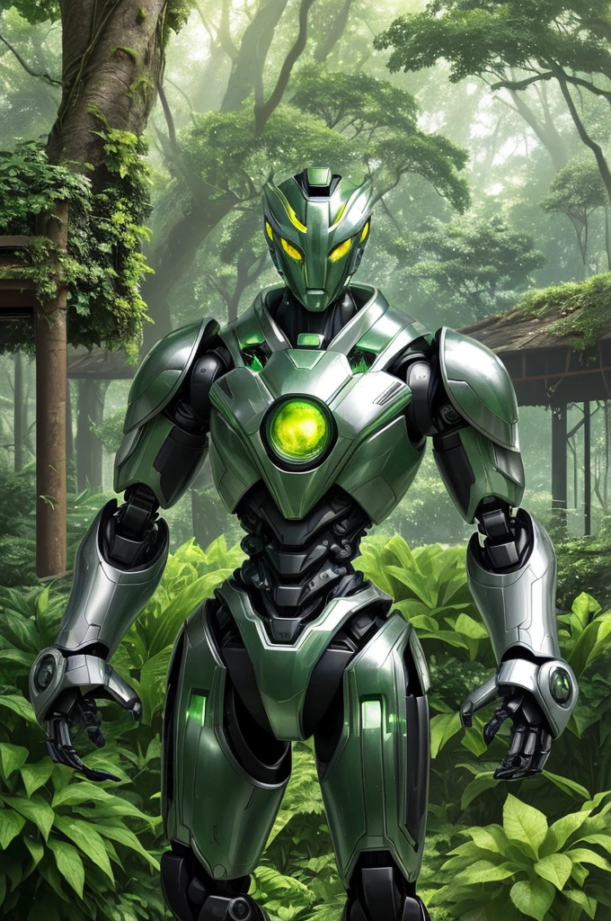 The image features a green and silver robot standing in the midst of a garden lush with greenery. This robot has a robust build and is decorated with prominent yellow eyes. It is at the center of the scene, suggesting a sense of prominence. Surrounding the robot are various plants, steel pipes, and sphere-like silver objects which contribute to the feeling of being in a forest of green plants. Additionally, there is a mention of sunlight and buildings in the background, which gives the image a vibrant and lively atmosphere.