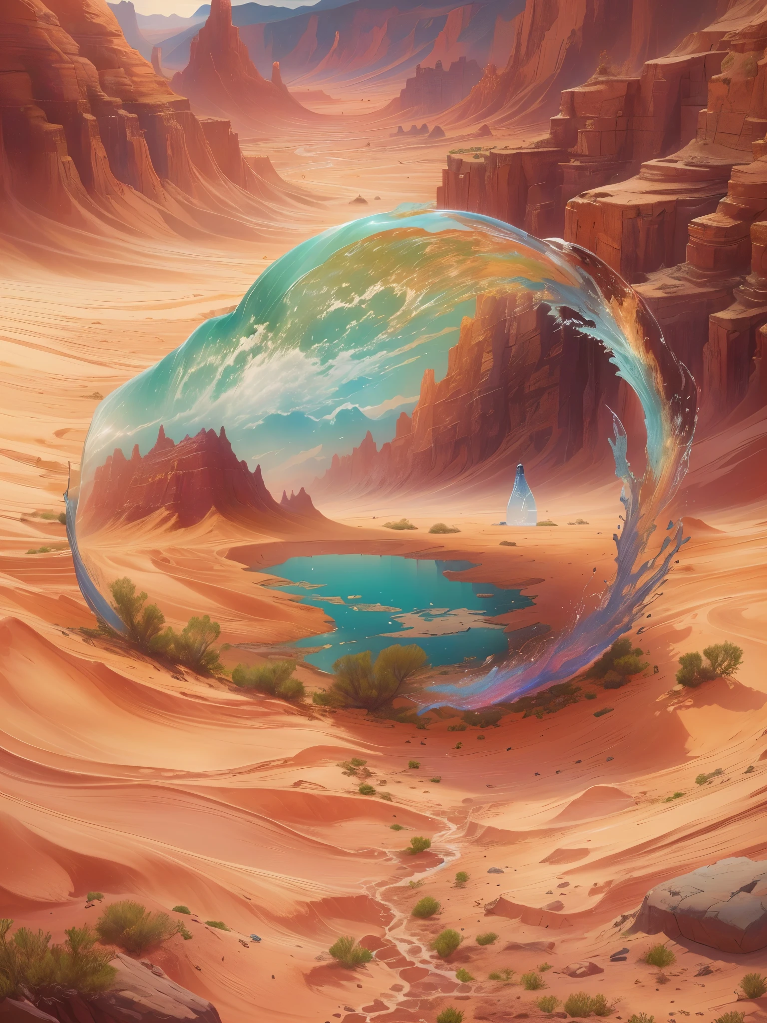 There is a bottle of water on the desert ground，There are desert canyons inside，Digital painting is very detailed，Highly detailed digital painting，Detailed painting 4k，anime art wallpaper 4k，Anime Art Wallpaper 4K，Anime Art Wallpaper 8K，Very detailed digital painting，Beautiful digital painting，A beautiful artistic illustration，Beautiful Digital Artwork Beautiful Art UHD 4K， Very detailed illustrations