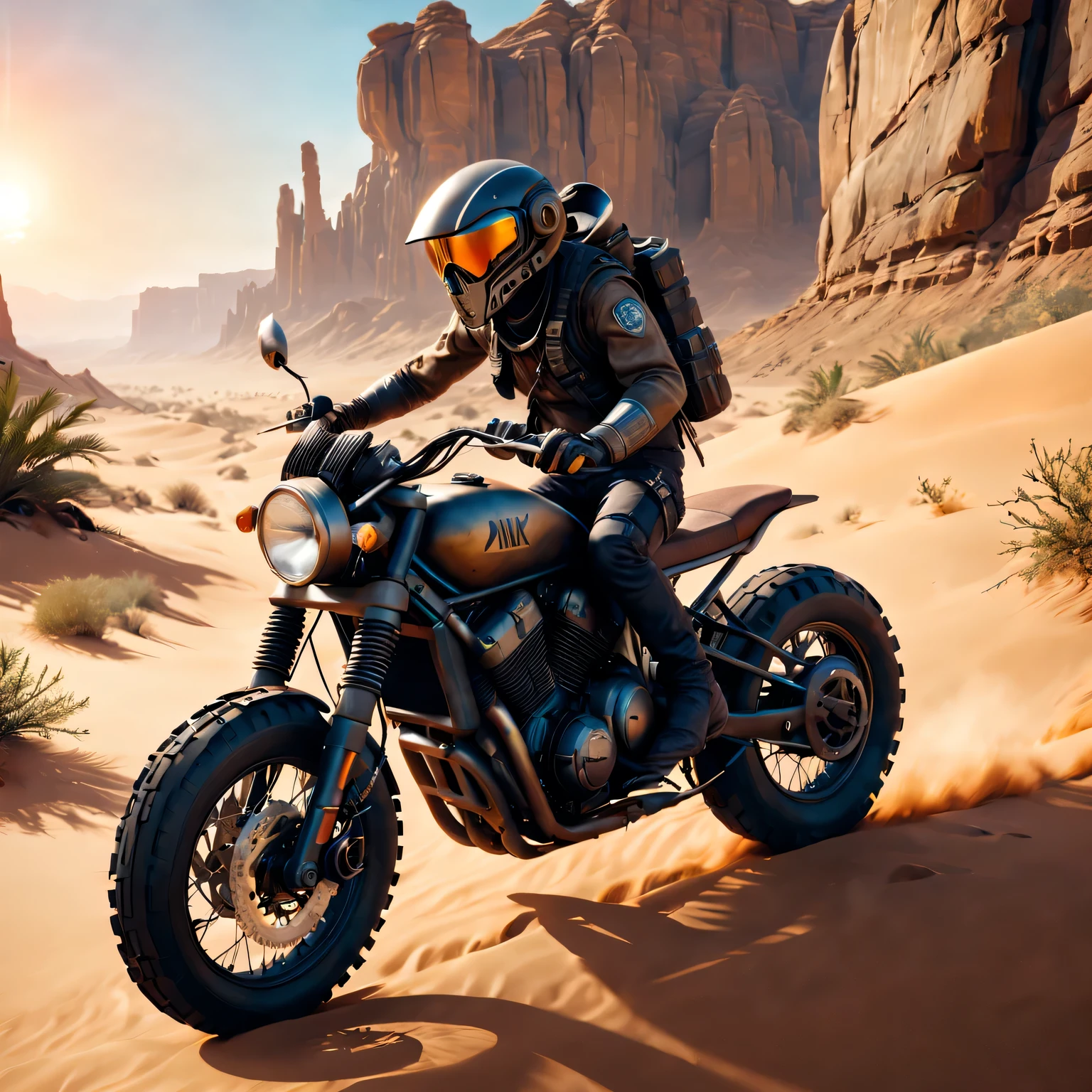 (best quality,4k,8K,high resolution,masterpiece:1.2),Super detailed,(actual,photoactual,photo-actual:1.37),desert canyon,mad max ride,Post-apocalyptic punk style motorcycle,Gritty,Hot weather,dusty wind,dune,rock formations,harsh terrain,desolate landscape,Vibrant sunset colors,dazzling sunlight,desert flora and fauna,Subtle lens flare,Contrast shadows,high contrast,Gritty textures,dramatic lighting,moody atmosphere,alien-like rock formations