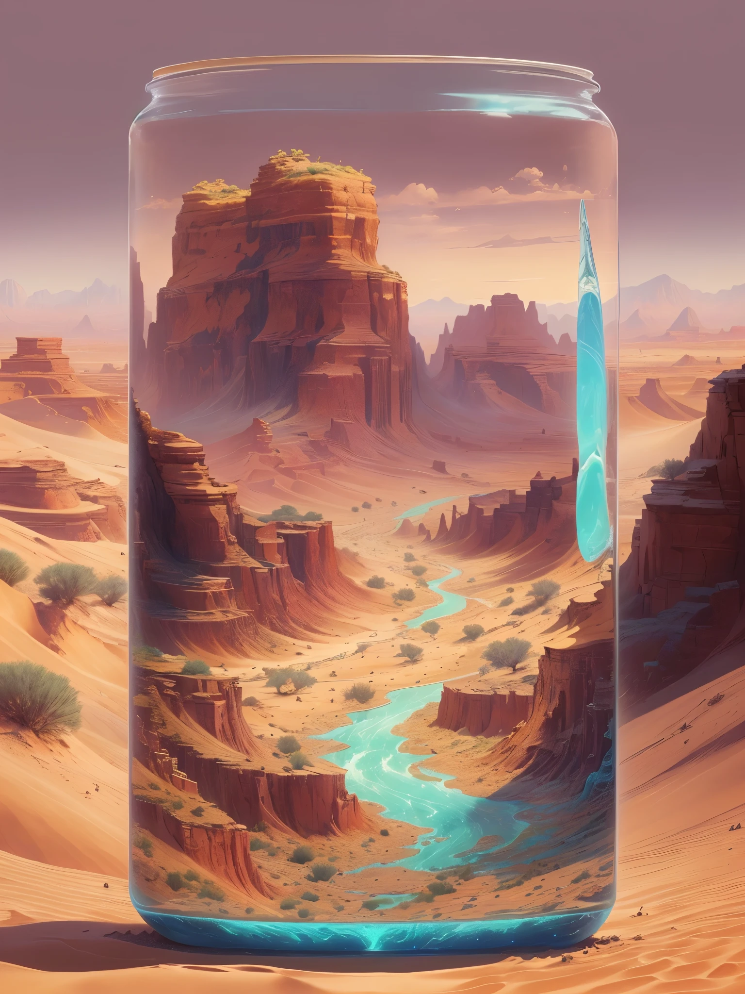 There is a bottle of water on the desert ground，There are desert canyons inside，Digital painting is very detailed，Highly detailed digital painting，Detailed painting 4k，anime art wallpaper 4k，Anime Art Wallpaper 4K，Anime Art Wallpaper 8K，Very detailed digital painting，Beautiful digital painting，A beautiful artistic illustration，Beautiful Digital Artwork Beautiful Art UHD 4K， Very detailed illustrations