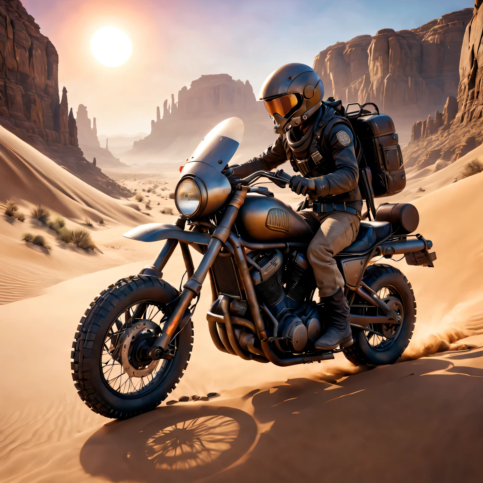 (best quality,4k,8K,high resolution,masterpiece:1.2),Super detailed,(actual,photoactual,photo-actual:1.37),desert canyon,mad max ride,Post-apocalyptic punk style motorcycle,Gritty,Hot weather,dusty wind,dune,rock formations,harsh terrain,desolate landscape,Vibrant sunset colors,dazzling sunlight,desert flora and fauna,Subtle lens flare,Contrast shadows,high contrast,Gritty textures,dramatic lighting,moody atmosphere,alien-like rock formations