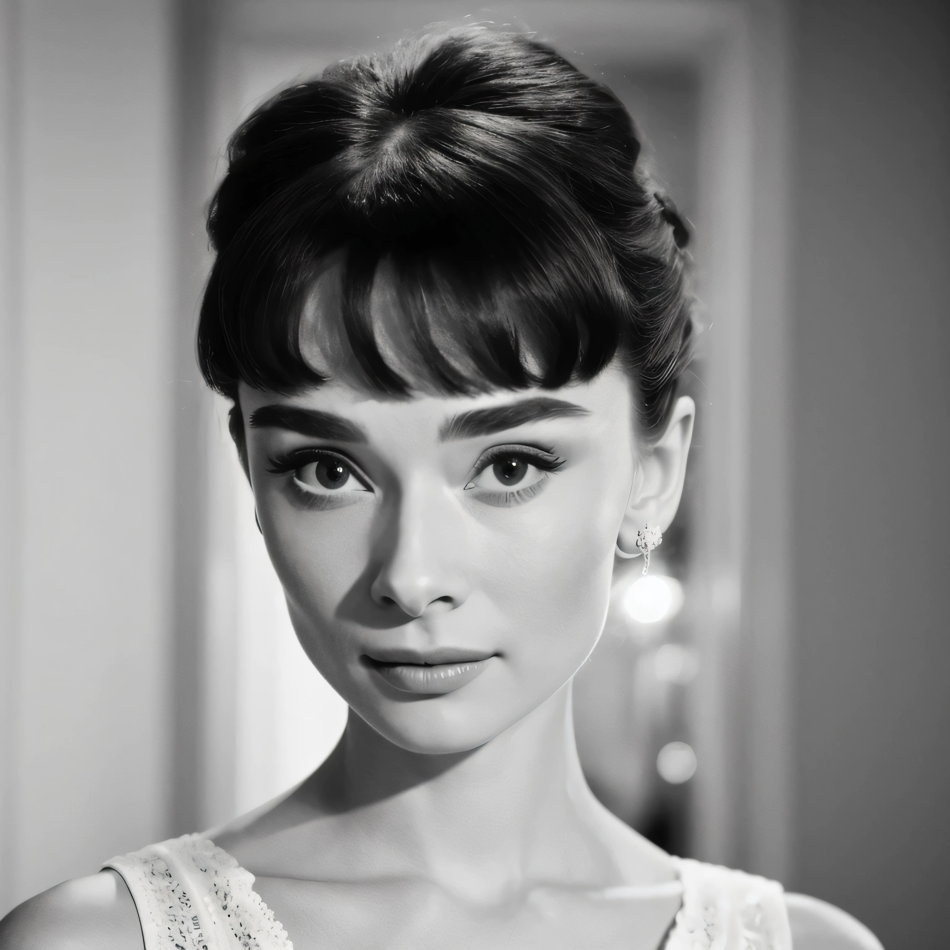 ((black and white filter)), Audrey Hepburn is a beautiful young actress who starred in the Roman Holiday film, focus on eyes, close up on face, short black hair styled cascading curls bun, Audrey Hepburn portrait photo of a beautiful young actress: (Audrey Hepburn is in the black and white Roman Holiday film), hotel room, Award - winning photograph, Masterpiece, 8k, ultra high res, hyper detailed, perfect flawless face, rule of thirds, Realistic Perfect eyes and pupils, Perfect full lips, highly detailed shining hair, ((detailed facial featureinely detailed skin), realistic skin texture, intricate details, photorealism, hyperrealism, ultra realistic, lifelike textures, neutral colors, cinematic lighting, dramatic lighting, backlight on hair, sharp focus, wide angle, film grain, dslr, raw photo,