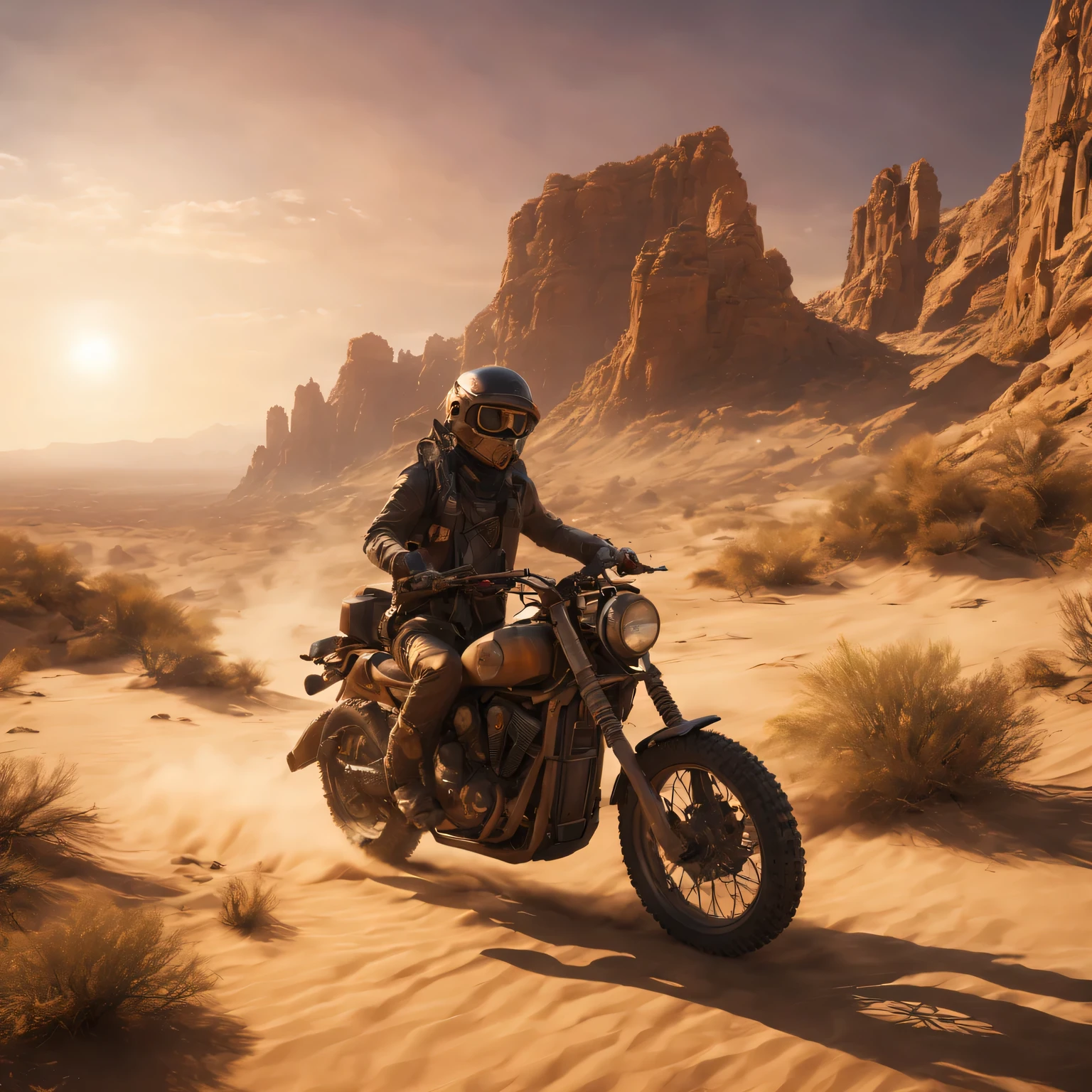 (best quality,4k,8K,high resolution,masterpiece:1.2),Super detailed,(actual,photoactual,photo-actual:1.37),desert canyon,mad max ride,Post-apocalyptic punk style motorcycle,Gritty,Hot weather,dusty wind,dune,rock formations,harsh terrain,Dangerous,relics of civilization,Abandoned vehicles,desolate landscape,Vibrant sunset colors,dazzling sunlight,desert flora and fauna,Subtle lens flare,Contrast shadows,high contrast,Gritty textures,dramatic lighting,moody atmosphere,alien-like rock formations