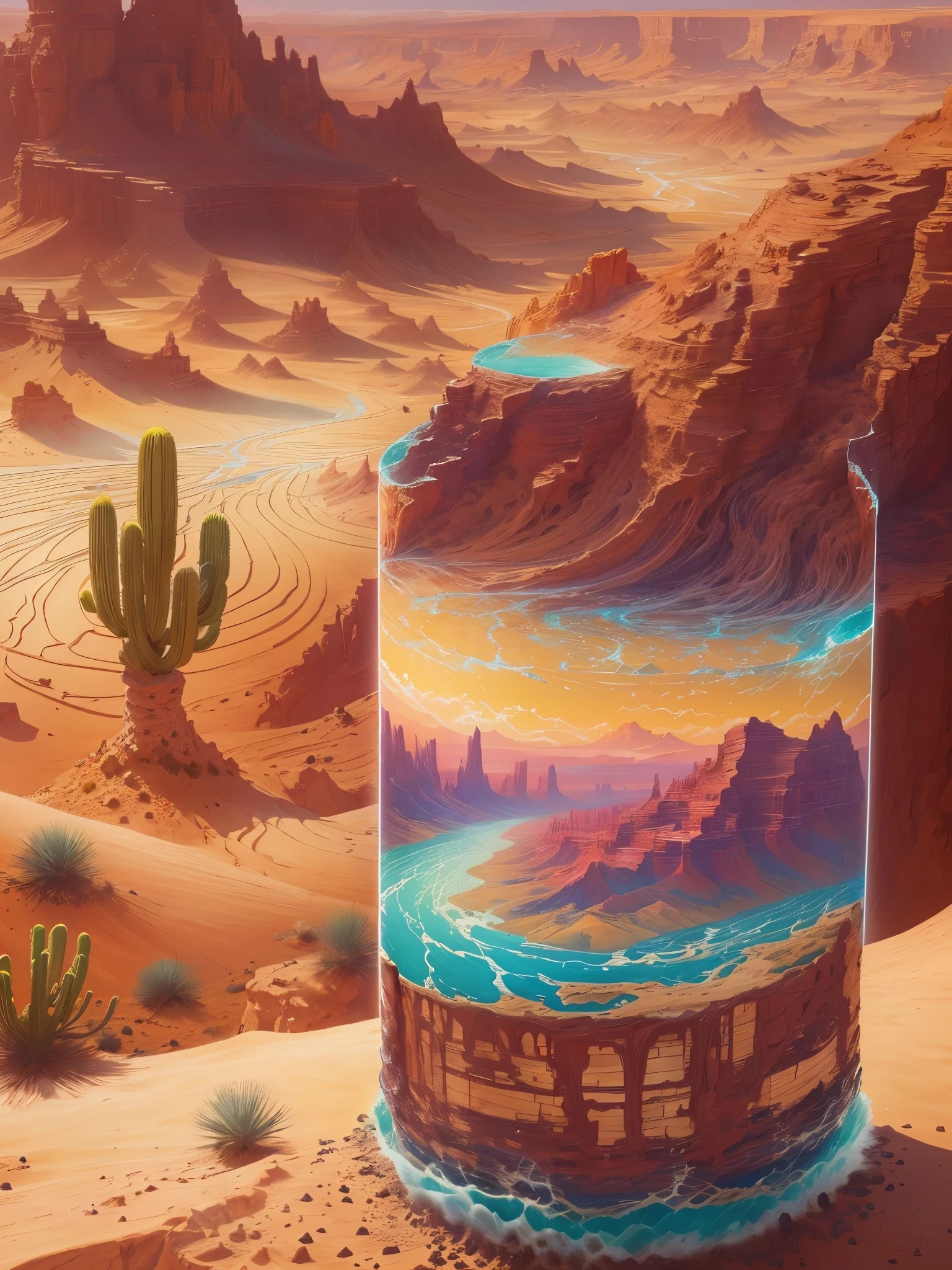 There is a bottle of water on the desert ground,There are desert canyons inside,Digital painting is very detailed,Highly detailed digital painting,Detailed painting 4k,anime art wallpaper 4k,Anime Art Wallpaper 4K,Anime Art Wallpaper 8K,Very detailed digital painting,Beautiful digital painting,A beautiful artistic illustration,Beautiful Digital Artwork Beautiful Art UHD 4K, Very detailed illustrations