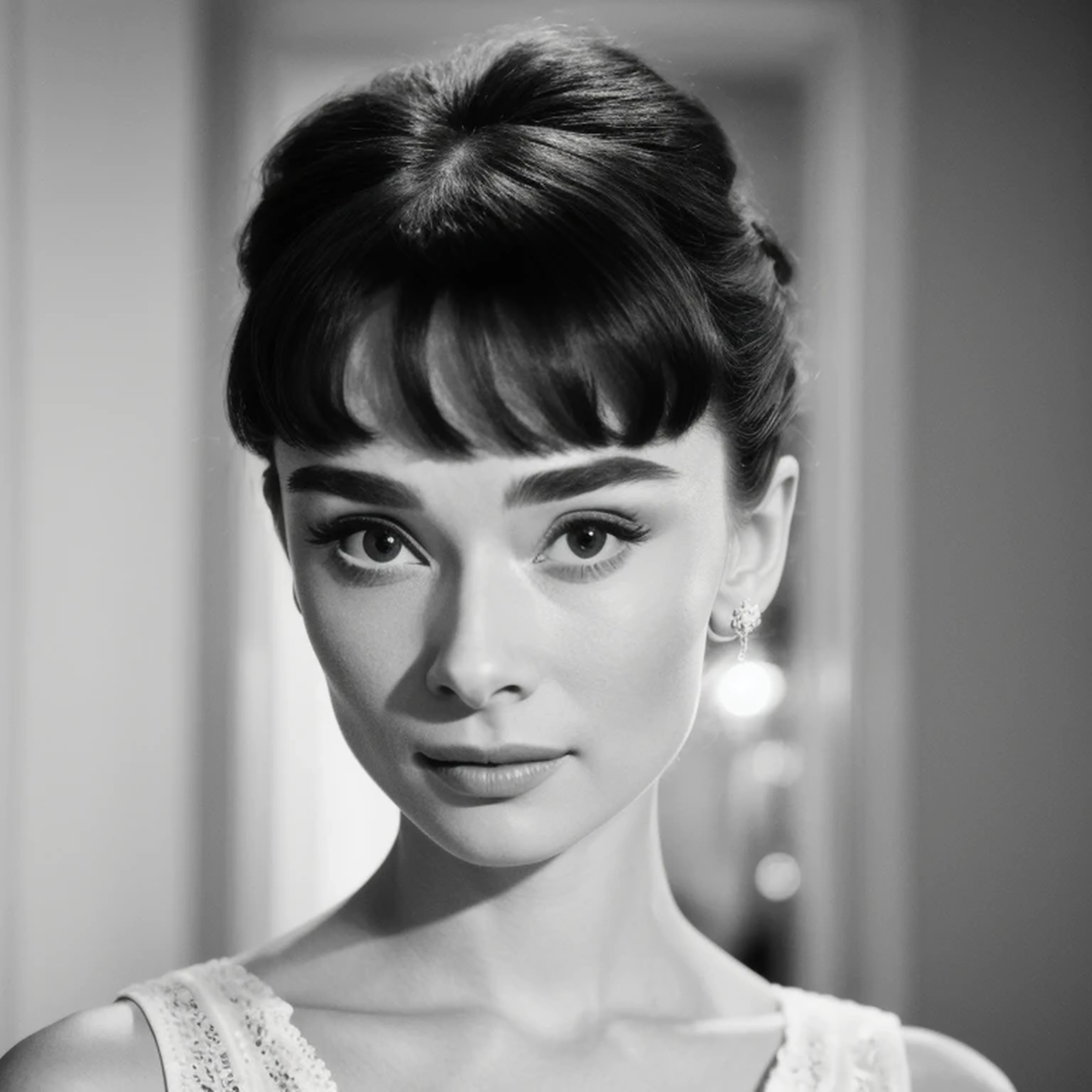 ((black and white filter)), Audrey Hepburn is a beautiful young actress who starred in the Roman Holiday film, focus on eyes, close up on face, short black hair styled cascading curls bun, Audrey Hepburn portrait photo of a beautiful young actress: (Audrey Hepburn is in the black and white Roman Holiday film), hotel room, Award - winning photograph, Masterpiece, 8k, ultra high res, hyper detailed, perfect flawless face, rule of thirds, Realistic Perfect eyes and pupils, Perfect full lips, highly detailed shining hair, ((detailed facial featureinely detailed skin), realistic skin texture, intricate details, photorealism, hyperrealism, ultra realistic, lifelike textures, neutral colors, cinematic lighting, dramatic lighting, backlight on hair, sharp focus, wide angle, film grain, dslr, raw photo,