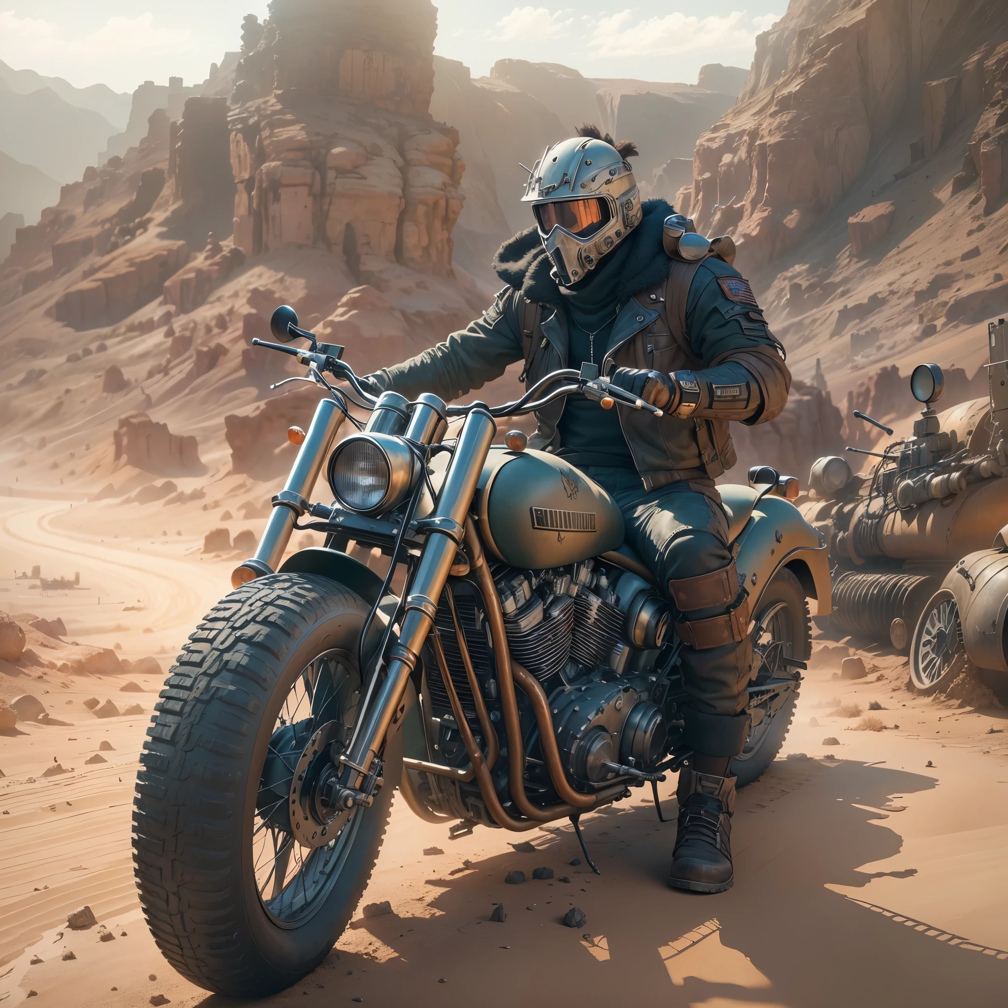 Mad Max rides a wasteland punk style motorcycle in a desert canyon,(best quality,4k,8K,high resolution,masterpiece:1.2),Super detailed, (actual,lifelike,lifelike的:1.37),(((post apocalyptic scene, desolate atmosphere, dystopian landscape))),
