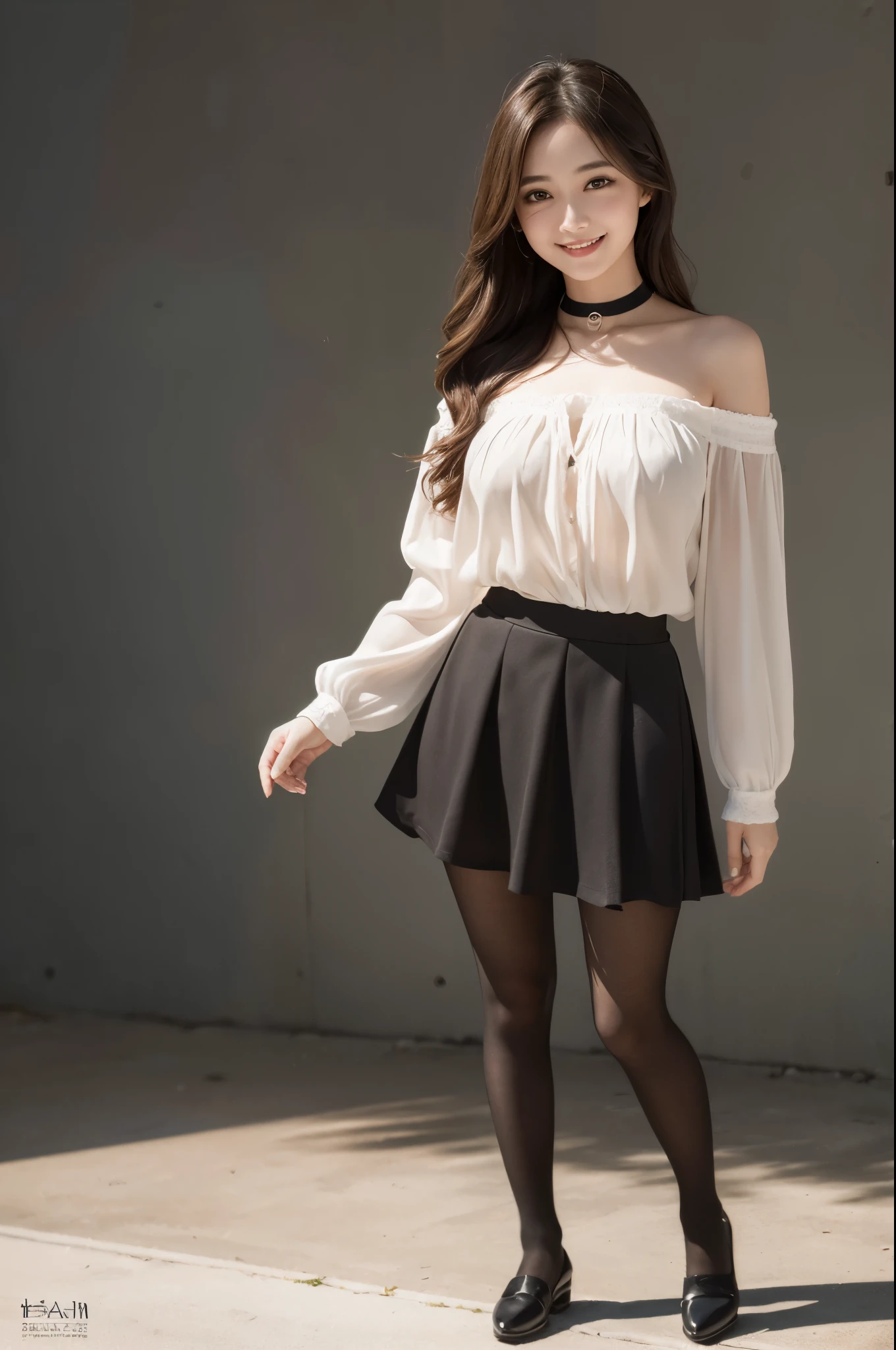 Ulsan-6500-v1.1, (Raw photo:1.2), (photorealistic), beautiful detailed girl, (pussy real: 1.4), very detailedな目と顔, beautiful detailed eyes,  (Strapless blouse, flare skirt, super realistic pantyhose:1.3, black choker)、Full body Esbian、 (very affectionate smile:1.2)、huge file size, High resolution, very detailed, highest quality, [masterpiece:1.6], An illustration, very detailed, ticker, fine details, highest quality, 8K wallpaper, movie lighting, 1 girl, 17 years old, perfect body shape, cute droopy eyes beautiful big eyes、Pieck finger, ((muste piece)), best quality, 1 girl, eye shadow, upper body whole body, People photography, ((full body shot:1.4))、