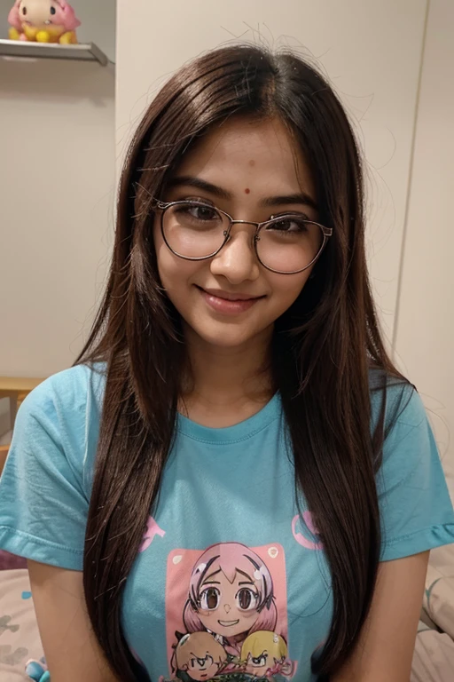 Indian confident girl with pink chicks and cute face in anime cosplay have a big eyes with sizzling lips long hairs piercing in ear and having a big smile noise in causal tshirt and pajamas with specs