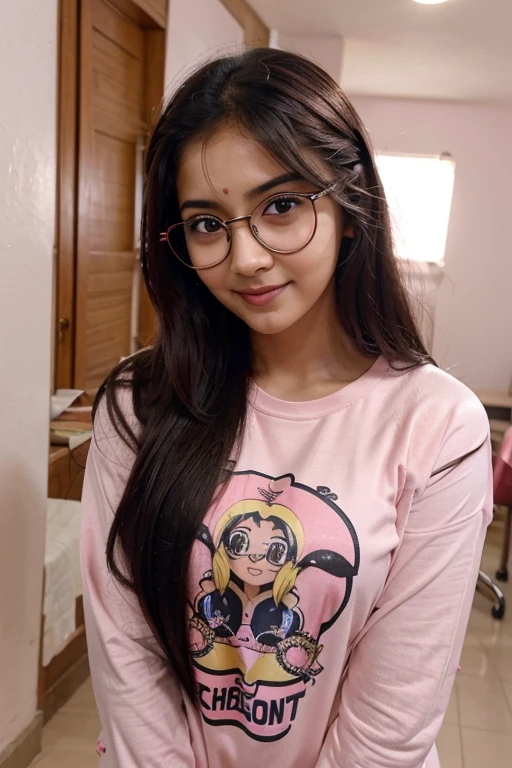 Indian confident girl with pink chicks and cute face in anime cosplay have a big eyes with sizzling lips long hairs piercing in ear and having a big smile noise in causal tshirt and pajamas with specs 