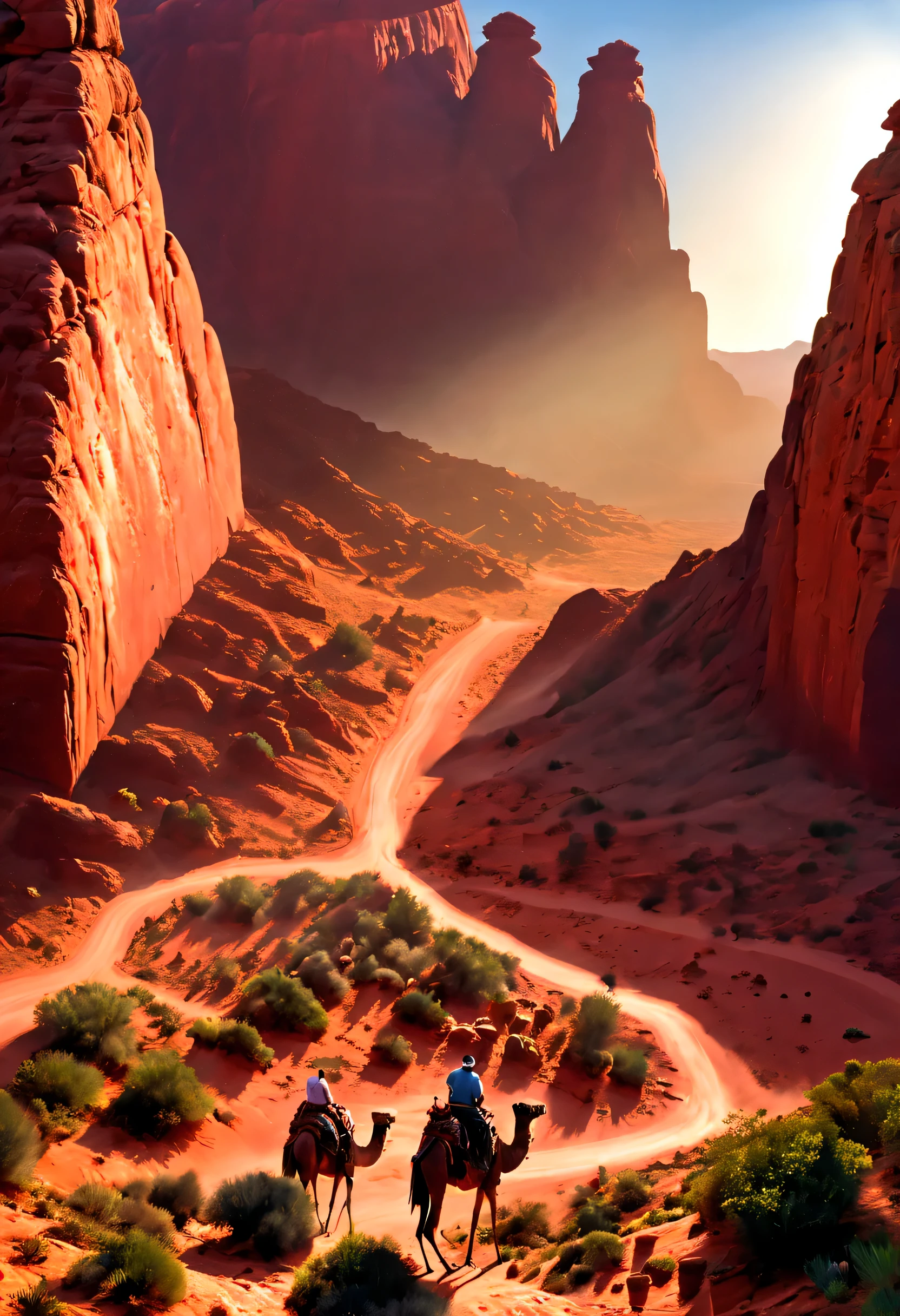 a vast desert landscape,towering red rock formations,A group of tired traders and their camel caravan trudge through rugged terrain,The harsh sun scorched them,Surrounded by vast and empty desert,The colors of the desert are vibrant,Sandstone cliffs and mesas gleam in the warm sunlight,Cacti and shrubs dot the landscape,Gives a feeling of isolation and vulnerability,The businessman's face is etched with determination and resilience,commemorative,desert mountains,desert environment:1.2,desert canyon:1.1,desert scenery:1.1,monument valley,Southwest United States,wild west,Sunset,(best quality,8k、high resolution,masterpiece,extremely fine,1.4x more realism,UHD,extremely detailed painting,Extremely detailed description,major,bright colors)