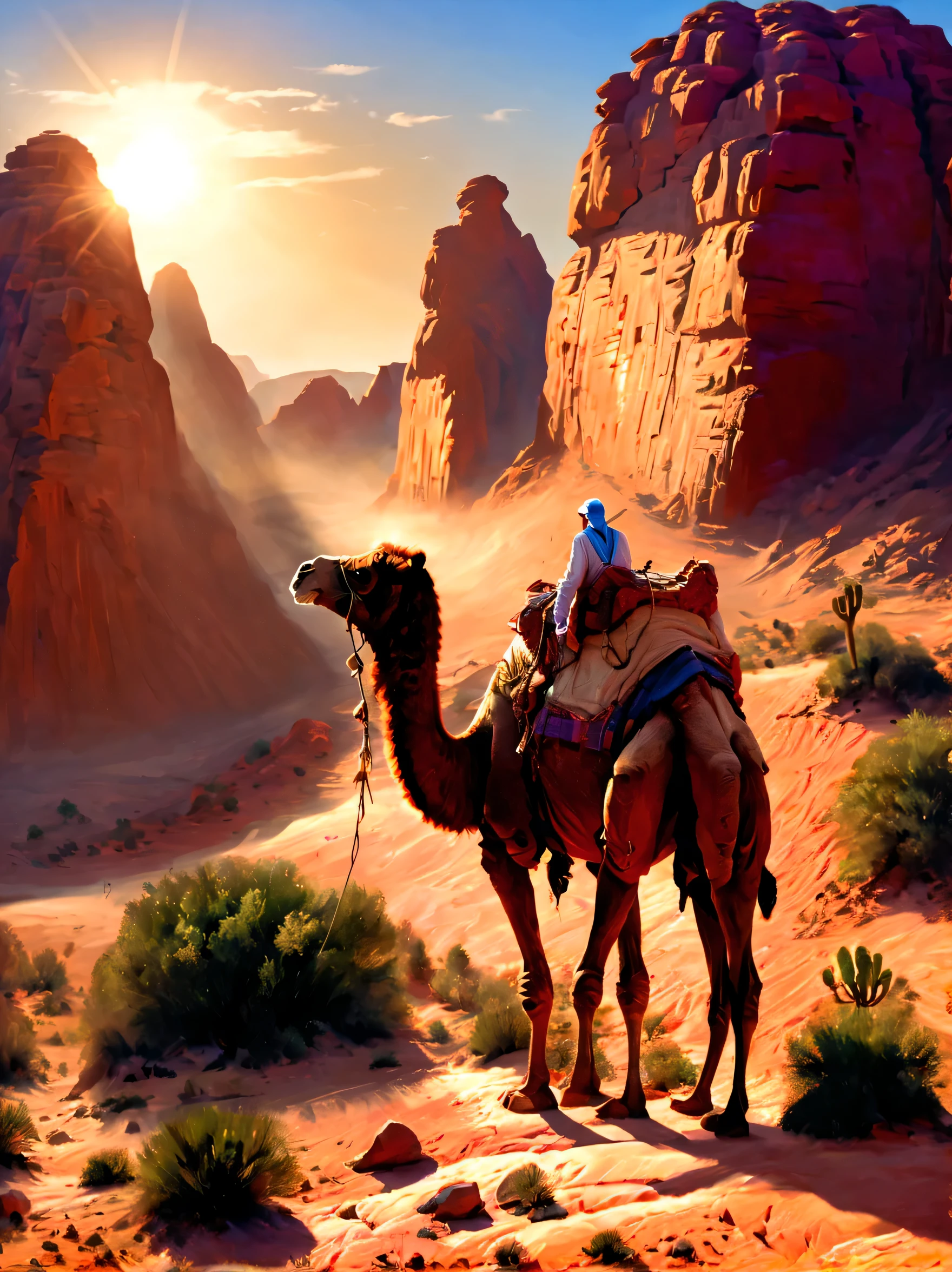 a vast desert landscape,towering red rock formations,A group of tired traders and their camel caravan trudge through rugged terrain,The harsh sun scorched them,Surrounded by vast and empty desert,The colors of the desert are vibrant,Sandstone cliffs and mesas gleam in the warm sunlight,Cacti and shrubs dot the landscape,Gives a feeling of isolation and vulnerability,The businessman's face is etched with determination and resilience,commemorative,desert mountains,desert environment:1.2,desert canyon:1.1,desert scenery:1.1,Valley of the Kings, Egypt:1.3,egyptian desert:1.3,West Bank of the Nile:1.3,Sunset,(best quality,8k、high resolution,masterpiece,extremely fine,1.4x more realism,UHD,extremely detailed painting,Extremely detailed description,major,bright colors)
