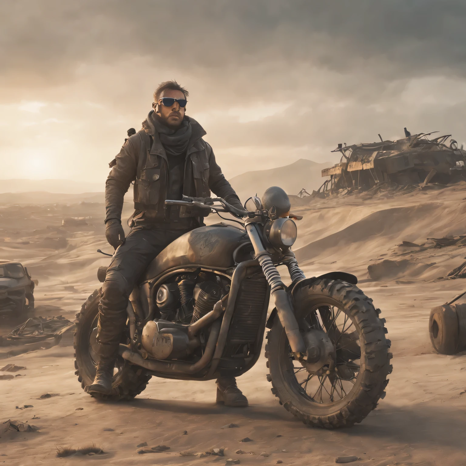 (best quality,4k,8K,high resolution,masterpiece:1.2),Super detailed, (actual,lifelike,lifelike的:1.37),(((post apocalyptic scene, desolate atmosphere, dystopian landscape)))，desert canyon，Mad Max rides a wasteland punk style motorcycle