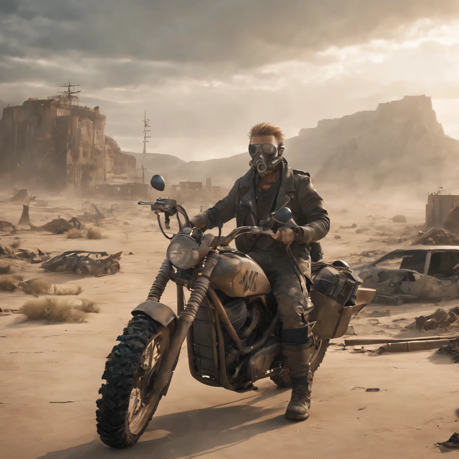 (best quality,4k,8K,high resolution,masterpiece:1.2),Super detailed, (actual,lifelike,lifelike的:1.37),(((post apocalyptic scene, desolate atmosphere, dystopian landscape))),desert canyon,Mad Max rides a wasteland punk style motorcycle