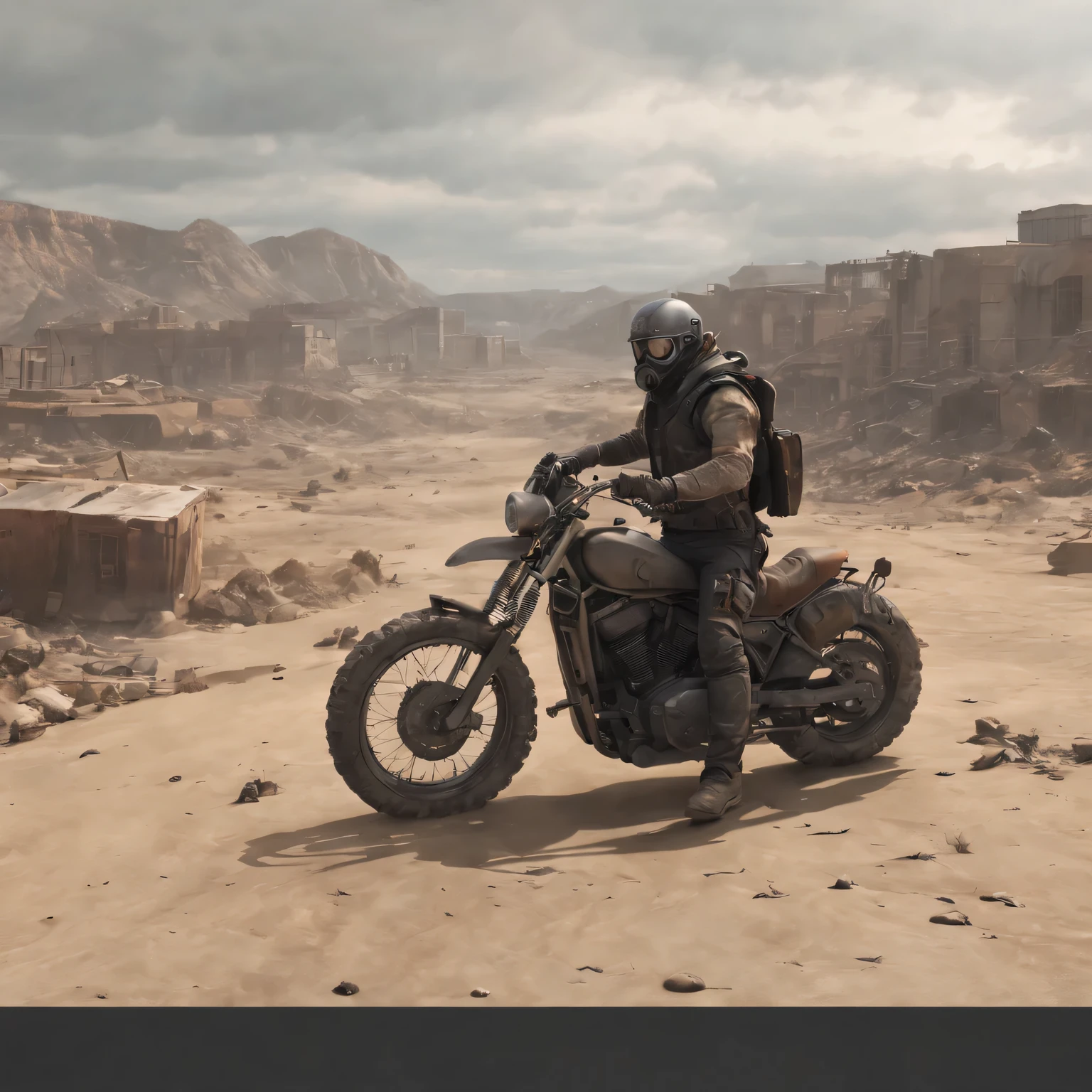 Concept art, apocalyptic wasteland, hand-drawn drawing, thick paint, hand-painted texture, low saturation, science fiction, scenery, sky, city, building, cloud, ground vehicle, motor vehicle, solo, outdoors, 1boy, cityscape, motorcycle, ruins, sitting, sunset