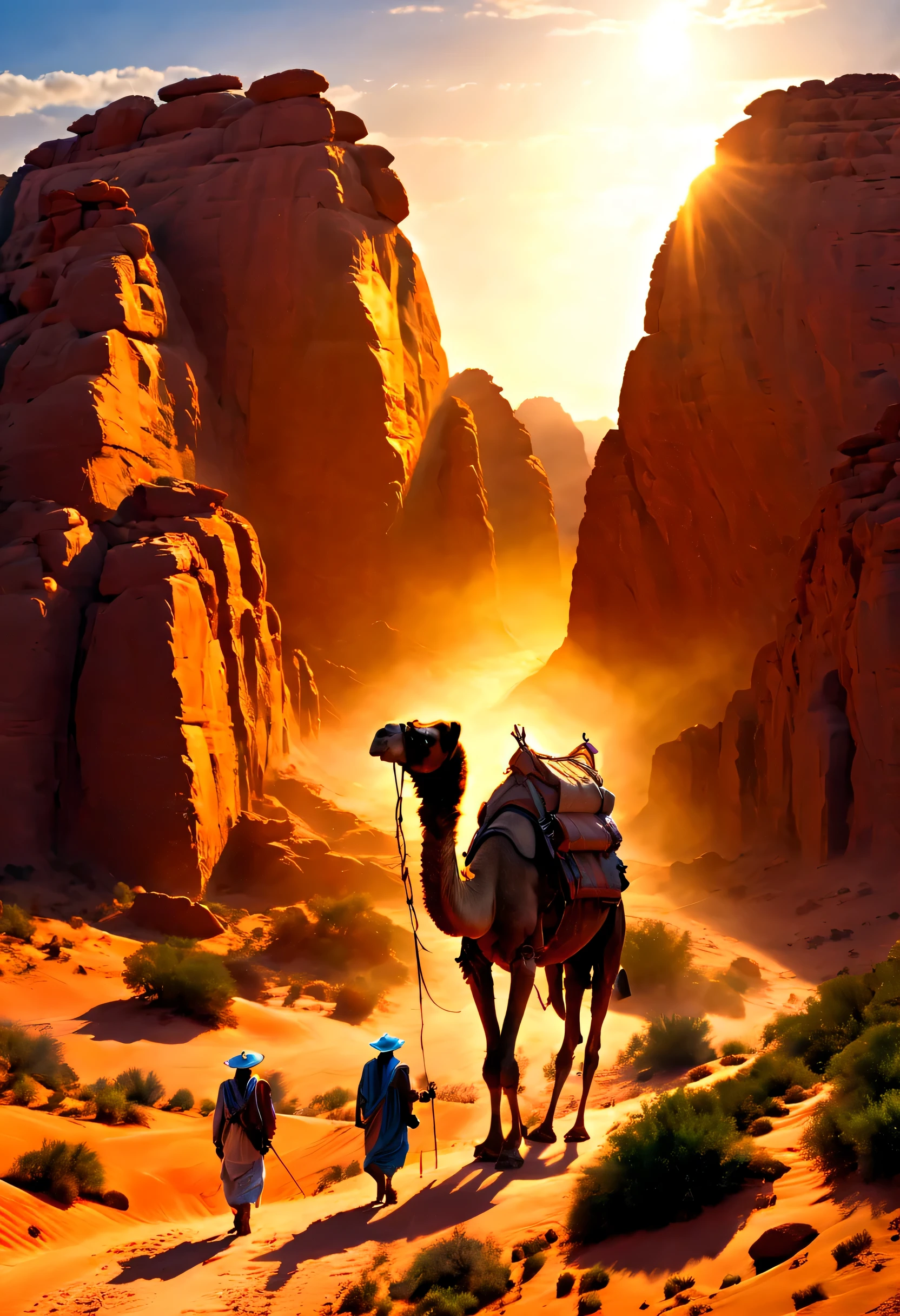 a vast desert landscape，towering red rock formations，A group of tired traders and their camel caravan trudge through rugged terrain，The harsh sun scorched them，Surrounded by vast and empty desert，The colors of the desert are vibrant，Sandstone cliffs and mesas gleam in the warm sunlight，Cacti and shrubs dot the landscape，Gives a feeling of isolation and vulnerability，The businessman&#39;s face is etched with determination and resilience，commemorative，desert mountains，desert environment：1.2，desert canyon：1.1，desert scenery：1.1，Valley of the Kings, Egypt:1.3，egyptian desert:1.3，West Bank of the Nile:1.3，Sunset，(best quality，8k、high resolution，masterpiece，extremely fine，1.4x more realism，UHD，extremely detailed painting，Extremely detailed description，major，bright colors)