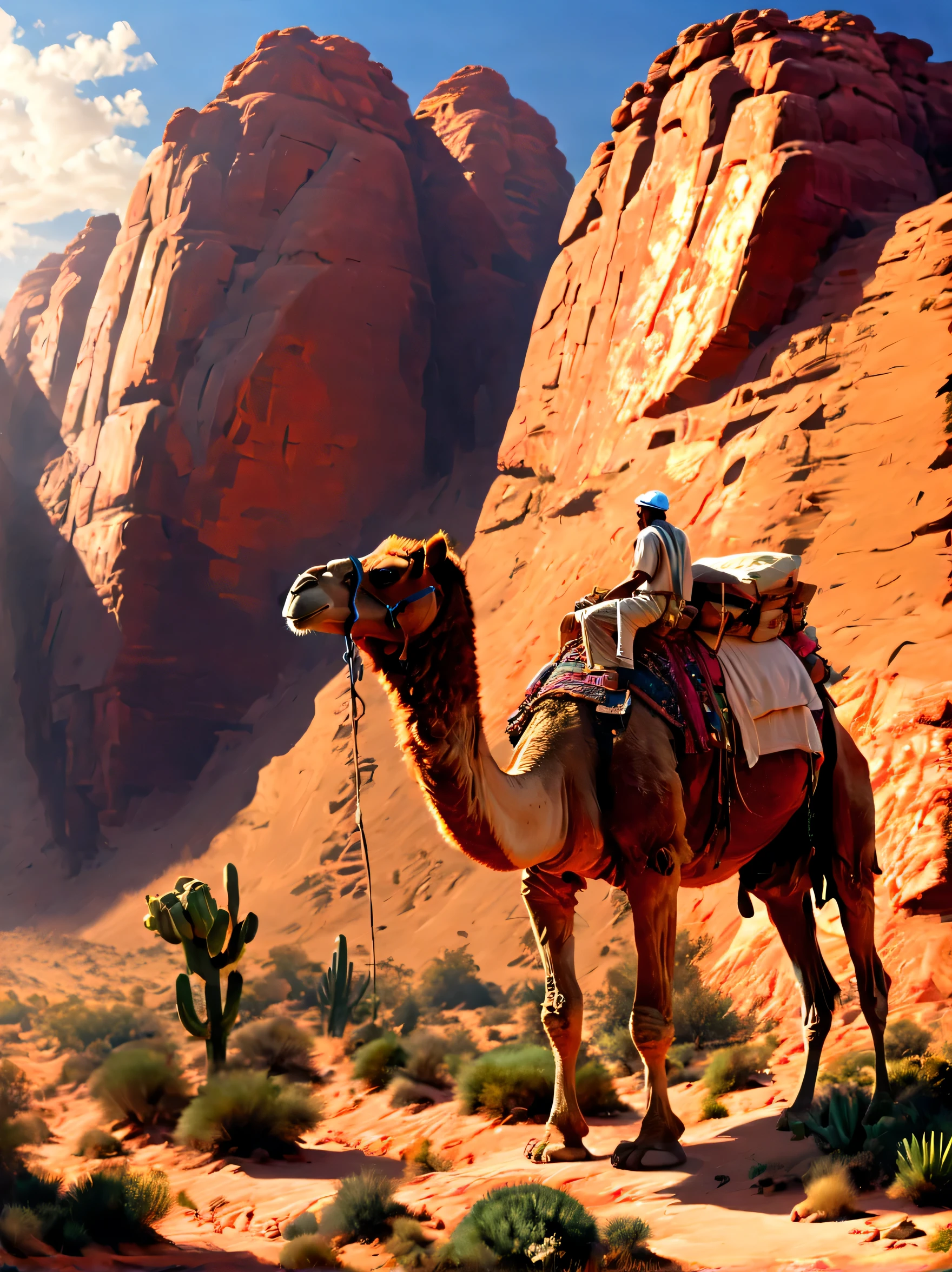 a vast desert landscape，towering red rock formations，A group of tired traders and their camel caravan trudge through rugged terrain，The harsh sun scorched them，Surrounded by vast and empty desert，The colors of the desert are vibrant，Sandstone cliffs and mesas gleam in the warm sunlight，Cacti and shrubs dot the landscape，Gives a feeling of isolation and vulnerability，The businessman&#39;s face is etched with determination and resilience，commemorative，desert mountains，desert environment：1.2，desert canyon：1.1，desert scenery：1.1，Valley of the Kings, Egypt:1.3，egyptian desert:1.3，West Bank of the Nile:1.3，Sunset，(best quality，8k、high resolution，masterpiece，extremely fine，1.4x more realism，UHD，extremely detailed painting，Extremely detailed description，major，bright colors)
