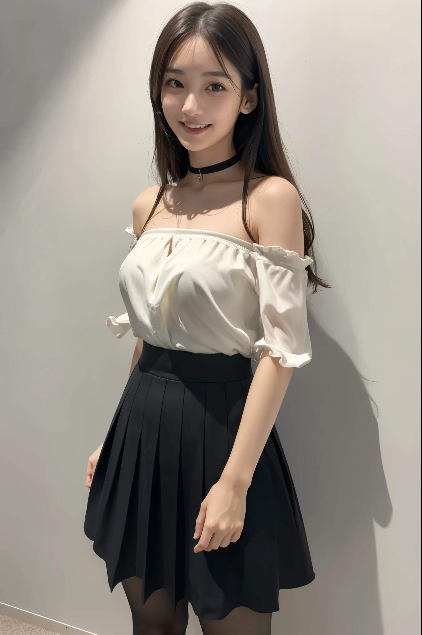 Ulsan-6500-v1.1, (Raw photo:1.2), (photorealistic), beautiful detailed girl, (pussy real: 1.4), very detailedな目と顔, beautiful detailed eyes,  (Strapless blouse, flare skirt, super realistic pantyhose:1.3, black choker)、 (very affectionate smile:1.2)、huge file size, High resolution, very detailed, highest quality, [masterpiece:1.6], An illustration, very detailed, ticker, fine details, highest quality, 8K wallpaper, movie lighting, 1 girl, 17 years old, perfect body shape, cute droopy eyes beautiful big eyes、Pieck finger, ((muste piece)), best quality, 1 girl, eye shadow, upper body whole body, People photography, ((full body shot:1.4))、