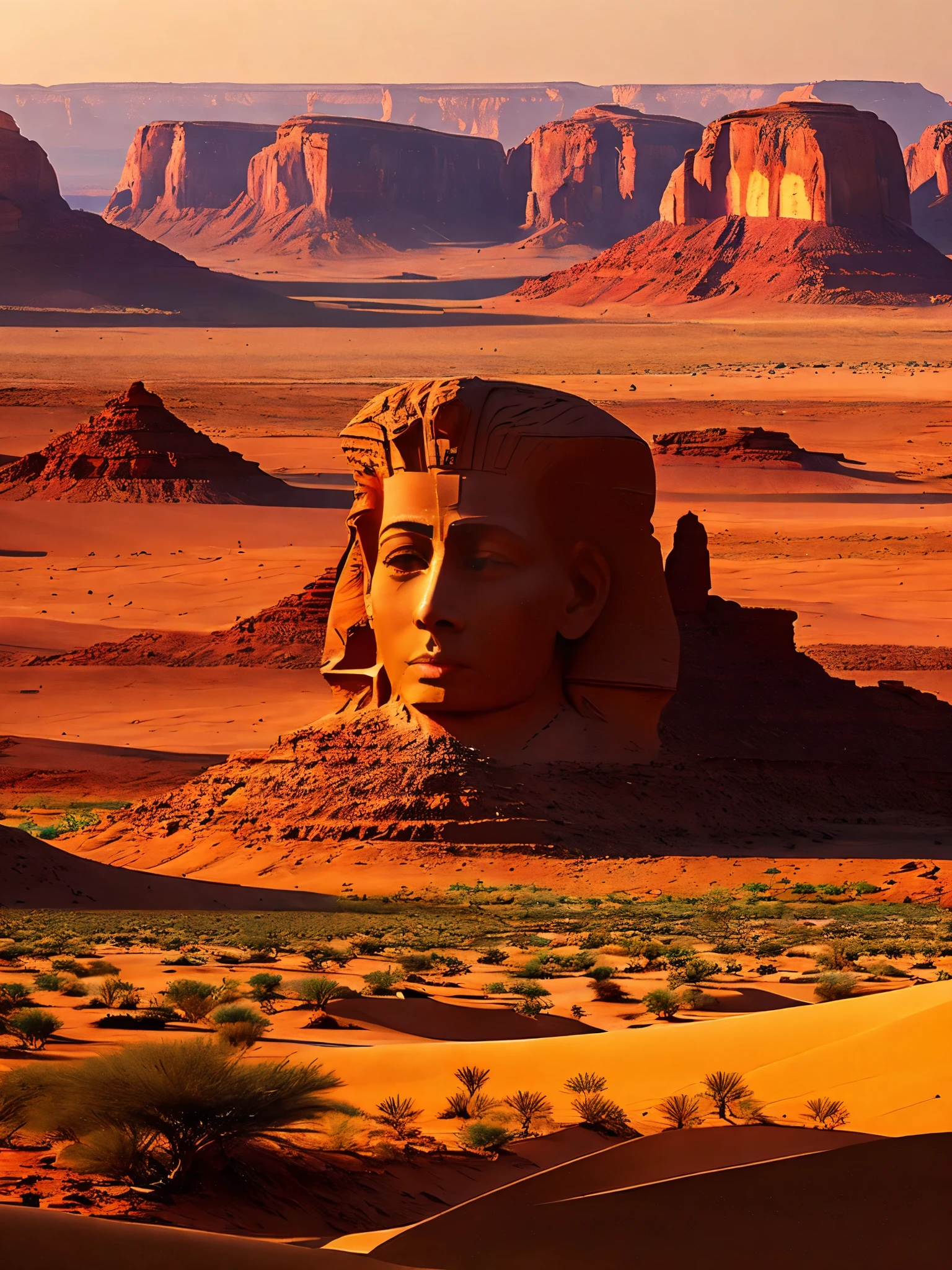 a vast desert landscape,towering red rock formations,A group of tired traders and their camel caravan trudge through rugged terrain,The harsh sun scorched them,Surrounded by vast and empty desert,The color of the desert is lifeless,Sandstone cliffs and mesas gleam in the blazing sun,Cacti and shrubs dot the landscape,Gives a feeling of isolation and vulnerability,The businessman's face is etched with determination and resilience,commemorative,desert mountains,desert environment:1.2,desert canyon:1.1,desert scenery:1.1,Valley of the Kings, Egypt:1.3,egyptian desert:1.3,West Bank of the Nile:1.3,Sunset,(best quality,8k、high resolution,masterpiece,extremely fine,1.4x more realism,UHD,extremely detailed painting,Extremely detailed description,major,bright colors)