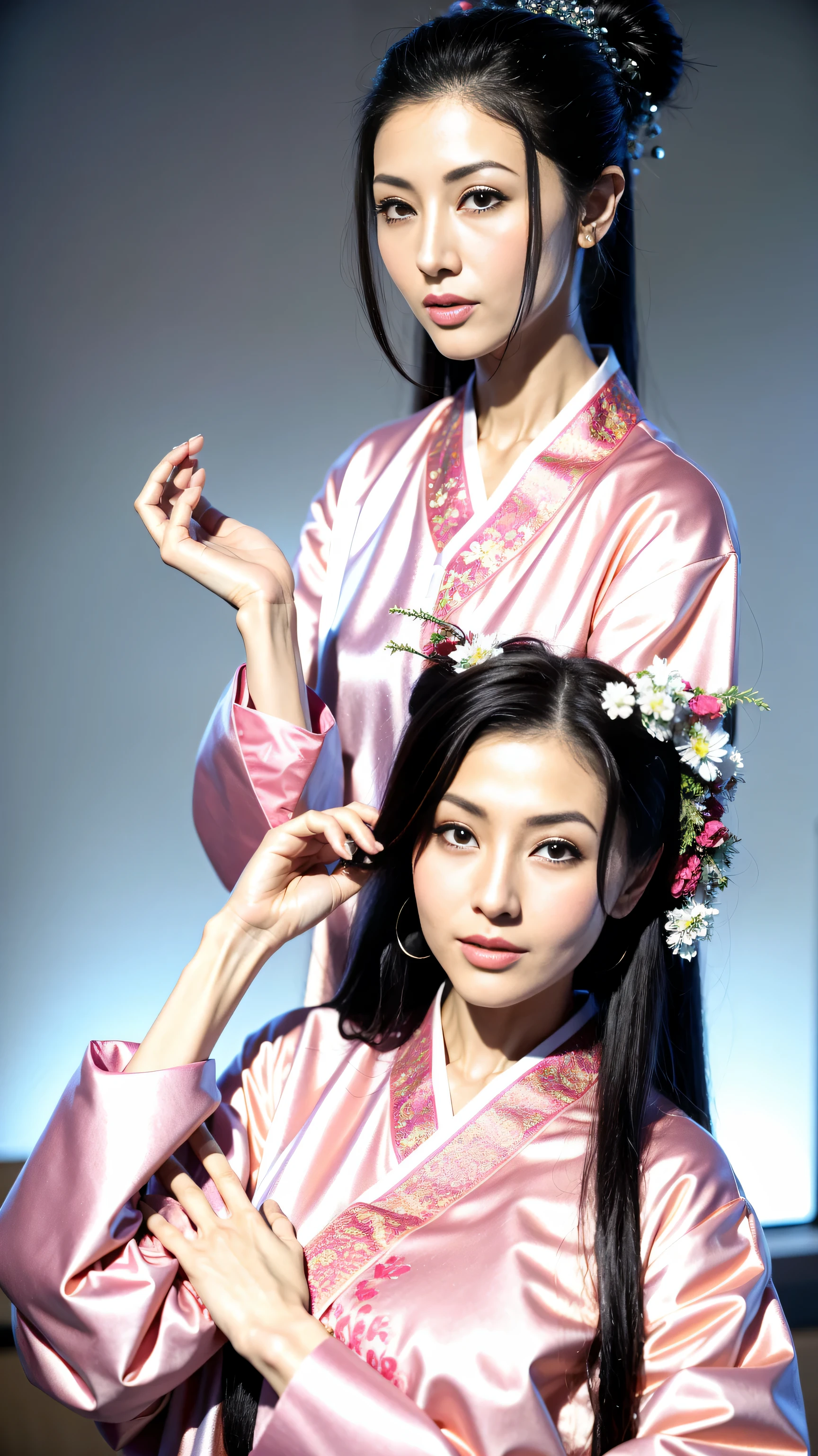 Fashion model 25 years old [[[[close up]]]], [[[[]]]], [[[[]]]], [[[[shoulder]]]], perfect eyes, perfect iris，perfect lips，perfect teeth，perfect skin，long face，high dynamic range，movie girl，long white hair，pink ancient chinese clothes，（pastel colors：1.2）