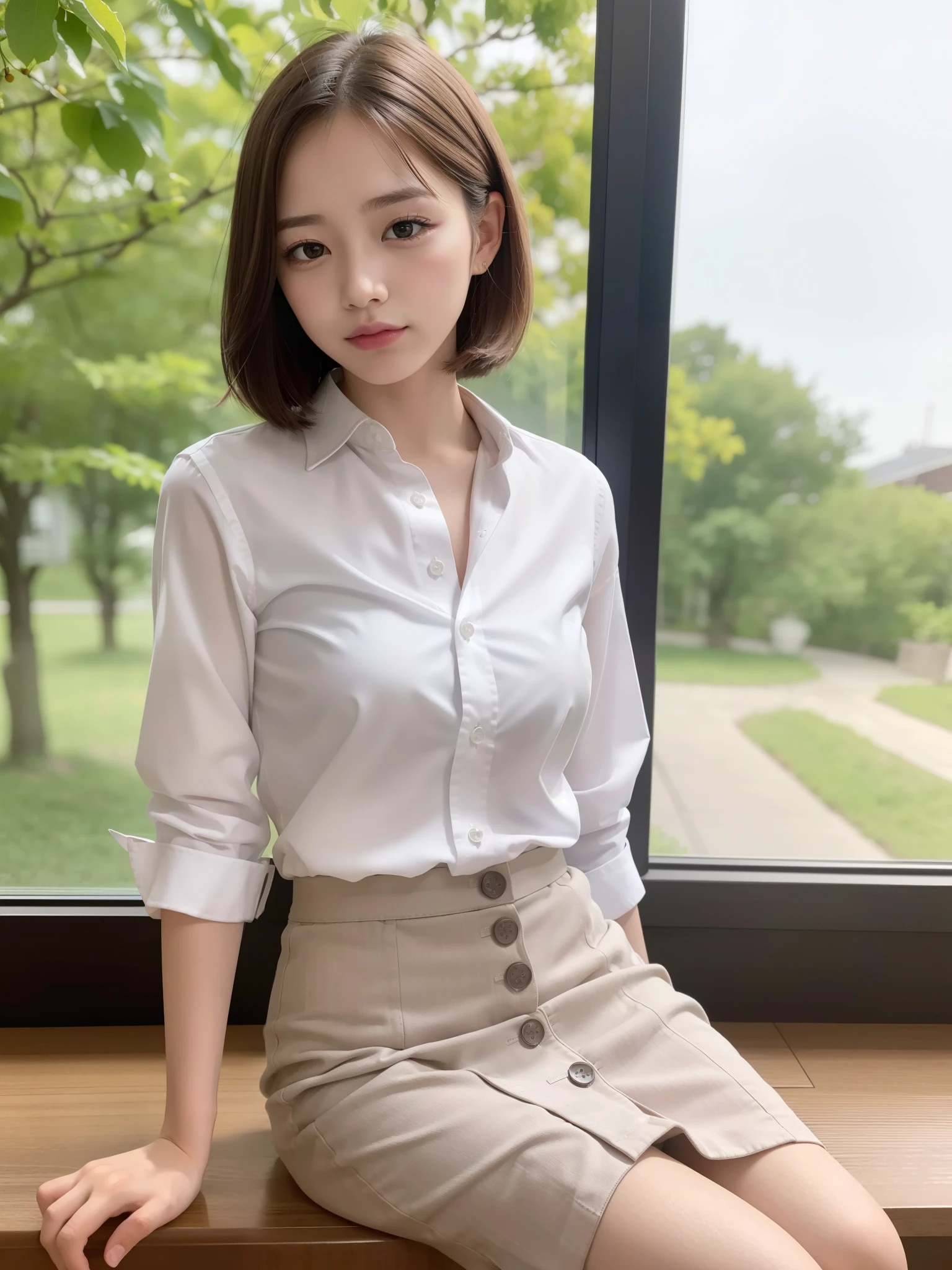 (button down shirt, skirt: 1.2), ((of the highest quality, 8K, masutepiece: 1.3, Raw photo)), Sharp Focus: 1.2, (1 AESPA Girl :1.1), (Solo: 1.1), (Realistic, Photorealistic: 1.37), (Face Focus: 1.1), Cute face, hyperdetailed face, Short messy hair, Small breasts, flat chest, (nude: 1.1), sitting, classroom, flower, plum blossoms