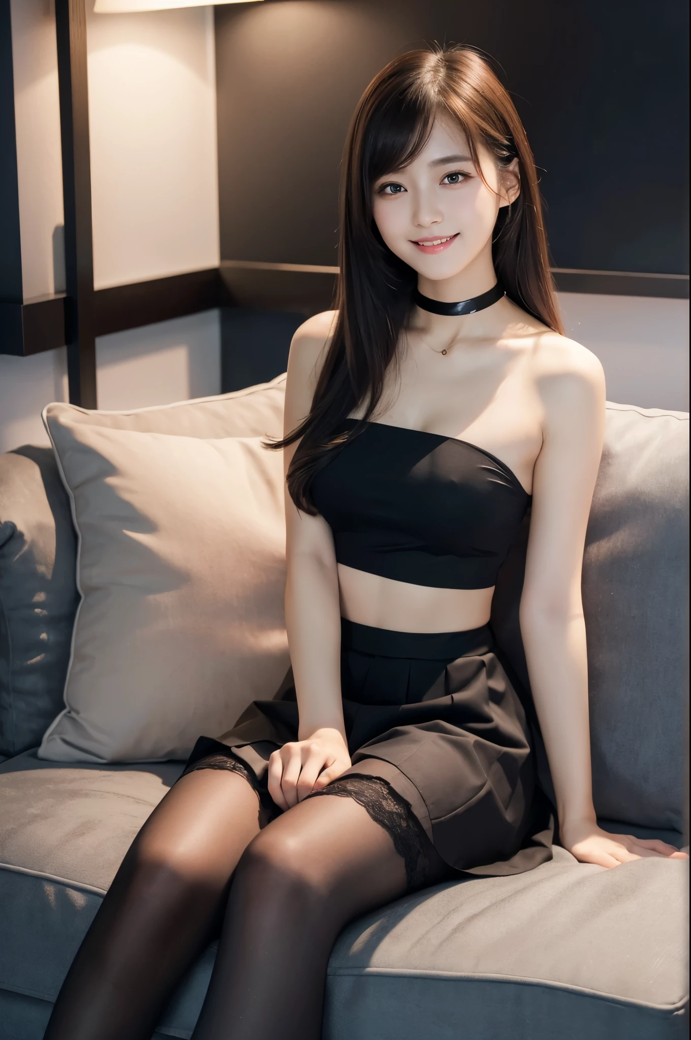 Ulsan-6500-v1.1, (Raw photo:1.2), (photorealistic), beautiful detailed girl, (pussy real: 1.4), very detailedな目と顔, beautiful detailed eyes,  (Strapless blouse, flare skirt, super realistic pantyhose:1.3, black choker)、Lie on the sofa with your legs stretched out、 (very affectionate smile:1.2)、huge file size, High resolution, very detailed, highest quality, [masterpiece:1.6], An illustration, very detailed, ticker, fine details, highest quality, 8K wallpaper, movie lighting, 1 girl, 17 years old, perfect body shape, cute droopy eyes beautiful big eyes、Pieck finger, ((muste piece)), best quality, 1 girl, eye shadow, upper body whole body, People photography, ((full body shot:1.4))、