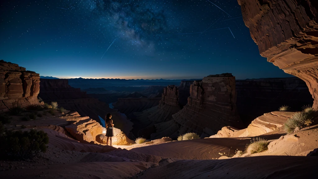(best quality,highres:1.2),ultra-detailed,professional,realistic,night photography,Desert Canyon,moonlit landscape,captivating starry sky,dramatic rock formations,deep shadows,mysterious atmosphere,sharp focus,vivid colors,bokeh,warm color tones,dimly-lit pathway,gorgeous silhouettes,subtle light reflections,photographically stunning composition,secluded location