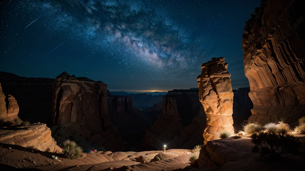(best quality,highres:1.2),ultra-detailed,professional,realistic,night photography,Desert Canyon,moonlit landscape,captivating starry sky,dramatic rock formations,deep shadows,mysterious atmosphere,sharp focus,vivid colors,bokeh,warm color tones,dimly-lit pathway,gorgeous silhouettes,subtle light reflections,photographically stunning composition,secluded location
