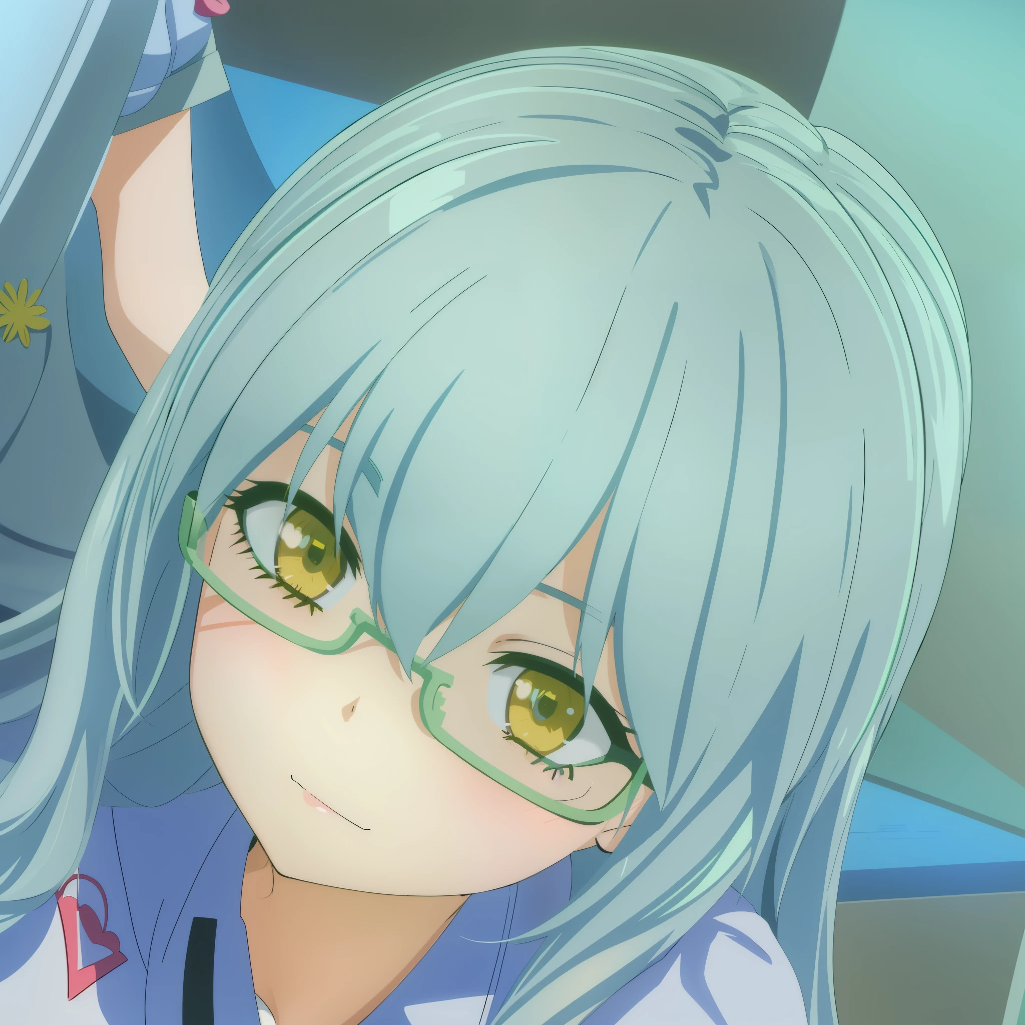 anime girl with gray hair and green glasses, close up of a young anime girl, stylized anime, render of a cute 3d anime girl, smooth anime cg art, anime moe artstyle, anime styled 3d, close up character, anime stylized, gapmoe, close up iwakura lain, character close up, joy gaze, (((yellow eyes)))