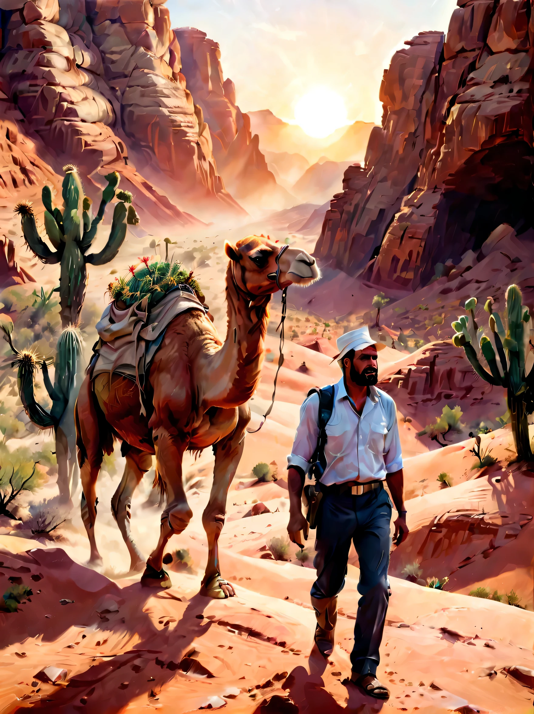 a vast desert landscape,towering red rock formations,A group of tired traders and their camel caravan trudge through rugged terrain,The harsh sun scorched them,Surrounded by vast and empty desert,The colors of the desert are vibrant,Sandstone cliffs and mesas gleam in the warm sunlight,Cacti and shrubs dot the landscape,Gives a feeling of isolation and vulnerability,The businessman's face is etched with determination and resilience,commemorative,desert mountains,desert environment:1.2,desert canyon:1.1,desert scenery:1.1,Valley of the Kings, Egypt,egyptian desert,West Bank of the Nile,Sunset,(best quality,8k、high resolution,masterpiece,extremely fine,1.4x more realism,UHD,extremely detailed painting,Extremely detailed description,major,bright colors)