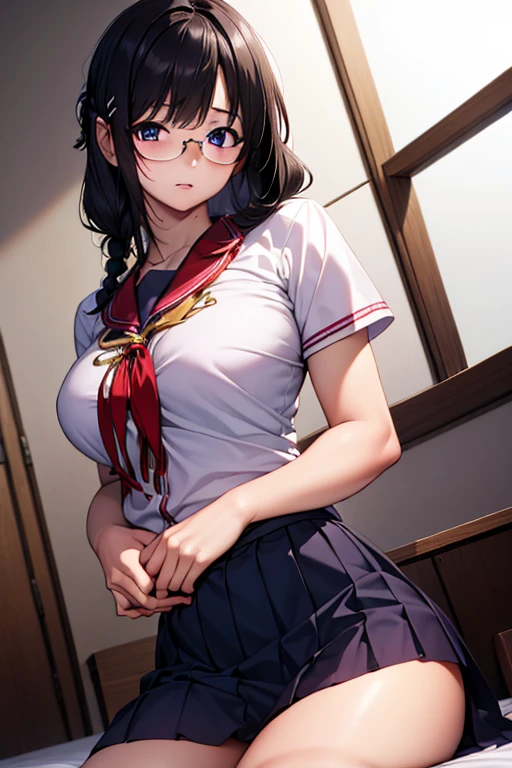 hanekawatsubasa, hanekawa tsubasa, long hair, black hair, hair ornament, (purple eyes:1.1), braid, hairclip, twin braids, naoetsu high school uniform, glasses,
BREAK skirt, school uniform, naoetsu high school uniform,
BREAK indoors, classroom,
BREAK looking at viewer,
BREAK (masterpiece:1.2), best quality, high resolution, unity 8k wallpaper, (illustration:0.8), (beautiful detailed eyes:1.6), extremely detailed face, perfect lighting, extremely detailed CG, (perfect hands, perfect anatomy),