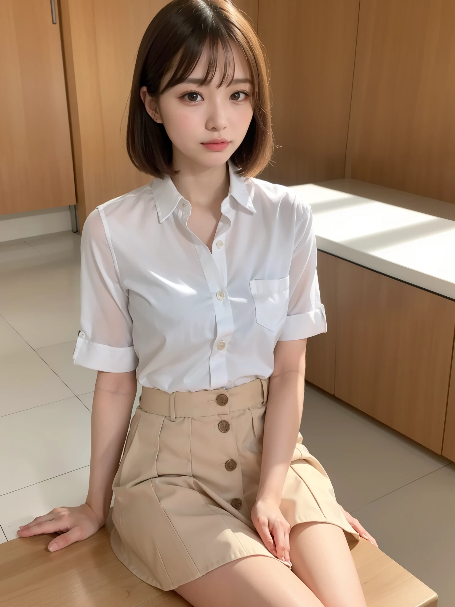 (button down shirt, skirt: 1.2), ((of the highest quality, 8K, masutepiece: 1.3, Raw photo)), Sharp Focus: 1.2, (1 AESPA Girl :1.1), (Solo: 1.1), (Realistic, Photorealistic: 1.37), (Face Focus: 1.1), Cute face, hyperdetailed face, Short messy hair, Small breasts, flat chest, (nude, spread legs: 1.2), sitting, classroom, flower, plum blossoms