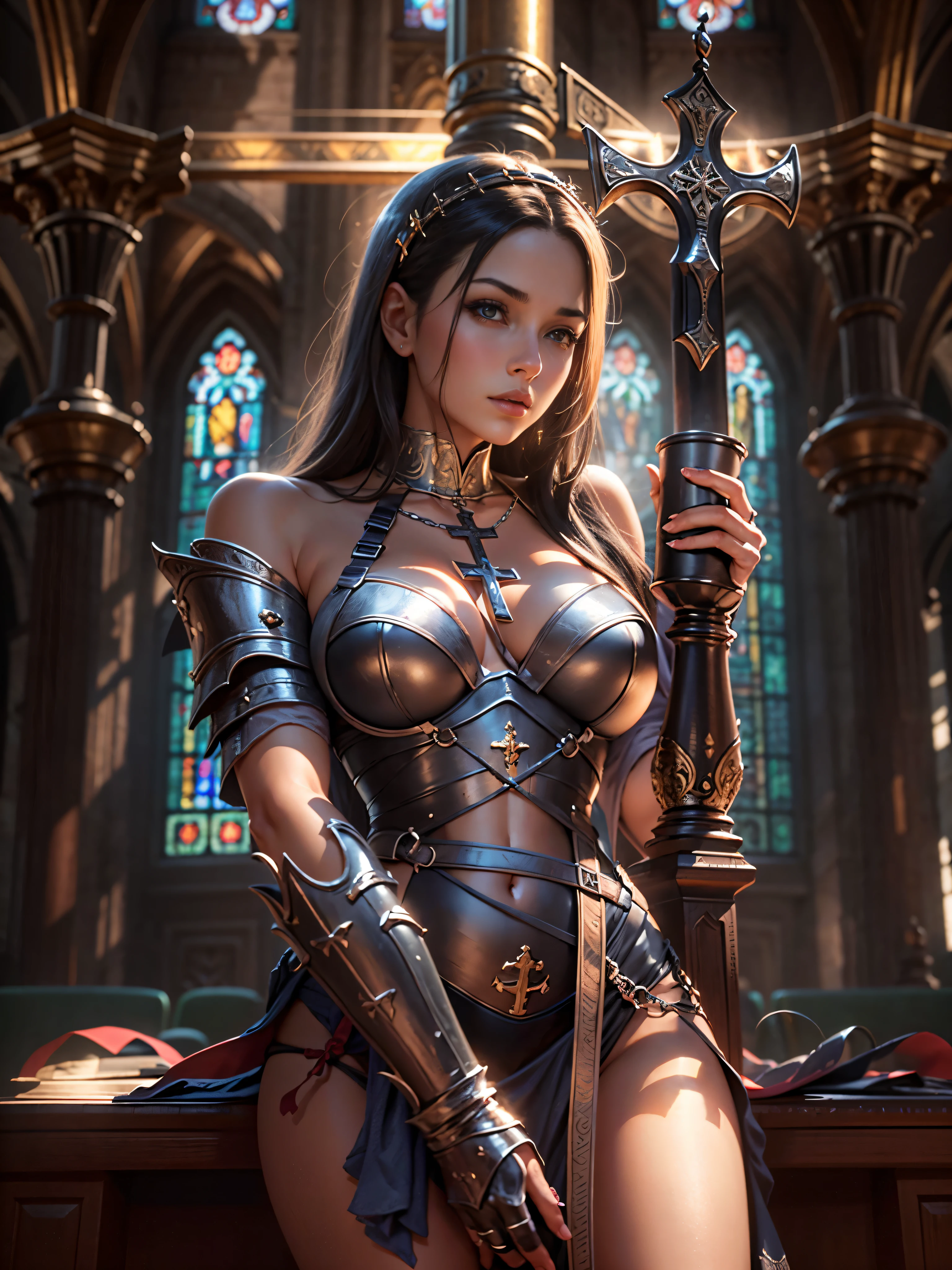 young beautiful woman, flawless skin, smooth skin, very large firm breasts, perfect proportions, bikini style metal armor, she is tied to a cross, on an altar in a church, dark, medieval, anime, sexy, erotic, UHD resolution, realistic detail, realistic reflections, realistic shadows, 3D, masterpiece, art