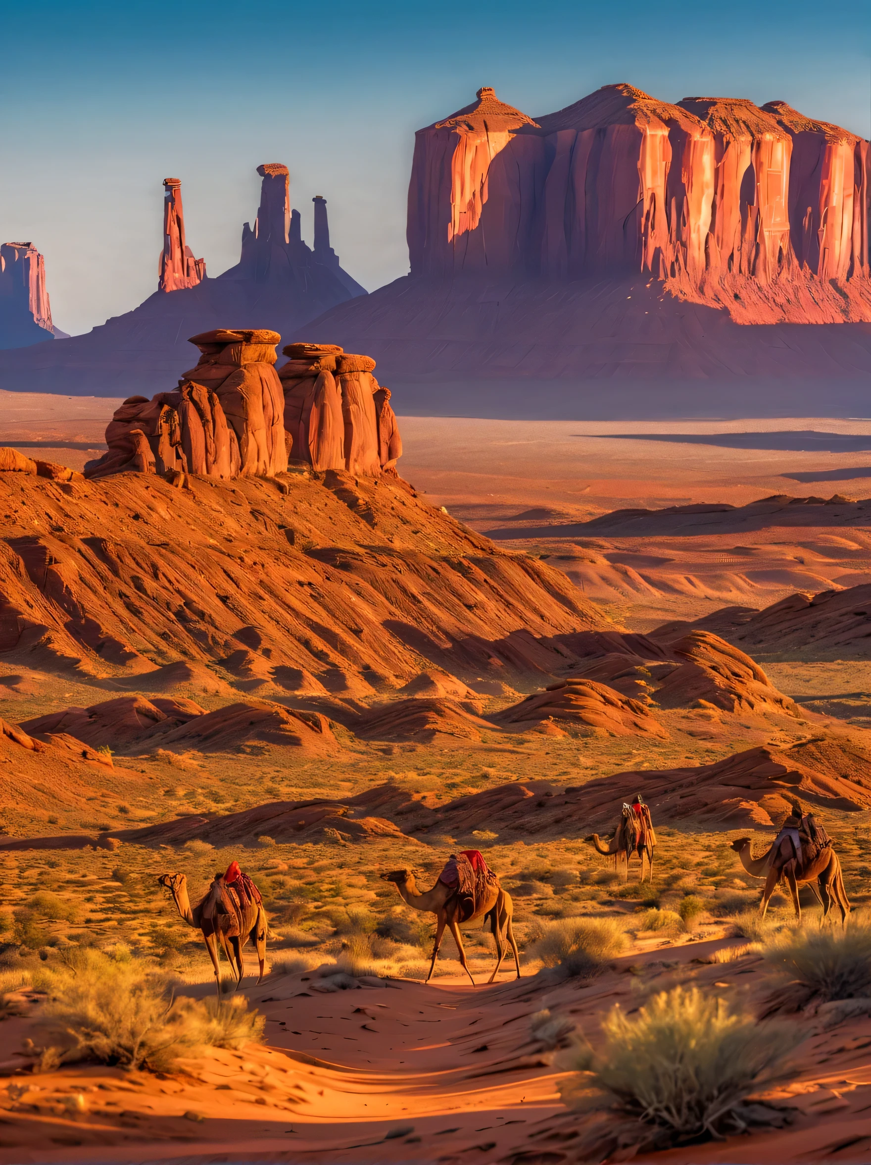 a vast desert landscape,towering red rock formations,A group of tired traders and their camel caravan trudge through rugged terrain,The harsh sun scorched them,Surrounded by vast and empty desert,The colors of the desert are vibrant,Sandstone cliffs and mesas gleam in the warm sunlight,Cacti and shrubs dot the landscape,Gives a feeling of isolation and vulnerability,The businessman's face is etched with determination and resilience,commemorative,desert mountains,desert environment:1.2,desert canyon:1.1,desert scenery:1.1,monument valley,Southwest United States,wild west,Sunset,(best quality,8k、high resolution,masterpiece,extremely fine,1.4x more realism,UHD,Extremely fine,Extremely detailed description,major,bright colors)