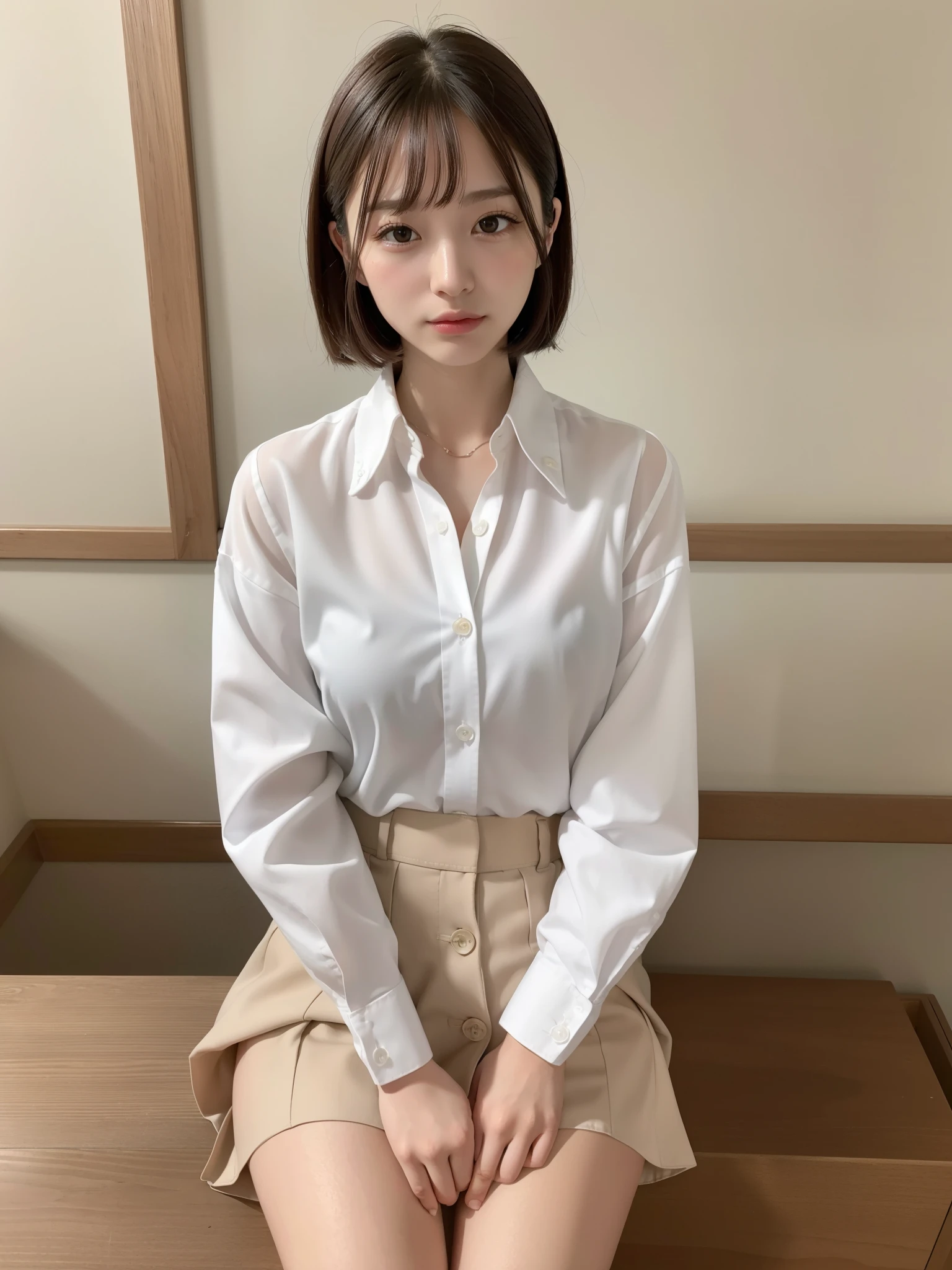 (button down shirt, skirt: 1.2), ((of the highest quality, 8K, masutepiece: 1.3, Raw photo)), Sharp Focus: 1.2, (1 AESPA Girl :1.1), (Solo: 1.1), (Realistic, Photorealistic: 1.37), (Face Focus: 1.1), Cute face, hyperdetailed face, Short messy hair, Small breasts, flat chest, (nude, spread legs: 1.2), sitting, classroom, flower, plum blossoms