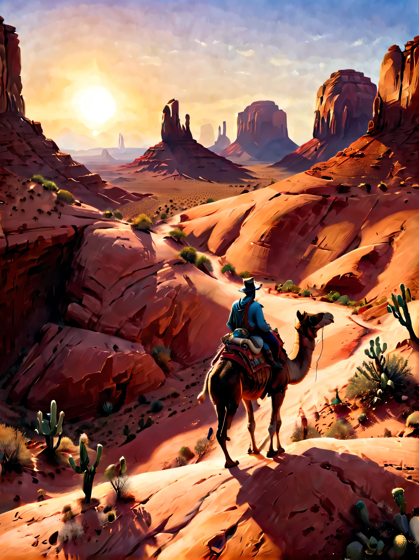 a vast desert landscape，towering red rock formations，A group of tired traders and their camel caravan trudge through rugged terrain，The harsh sun scorched them，Surrounded by vast and empty desert，The colors of the desert are vibrant，Sandstone cliffs and mesas gleam in the warm sunlight，Cacti and shrubs dot the landscape，Gives a feeling of isolation and vulnerability，The businessman&#39;s face is etched with determination and resilience，commemorative，desert mountains，desert environment：1.2，desert canyon：1.1，desert scenery：1.1，monument valley，Southwest United States，wild west，Sunset，(best quality，8k、high resolution，masterpiece，extremely fine，1.4x more realism，UHD，extremely detailed painting，Extremely detailed description，major，bright colors)