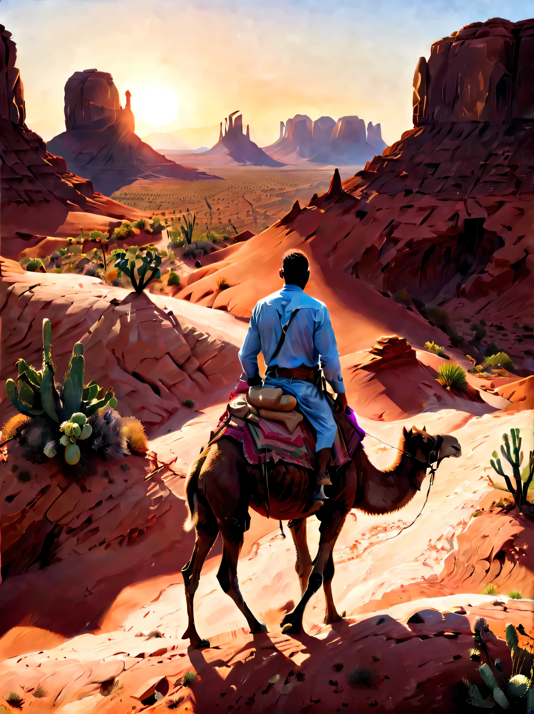 a vast desert landscape,towering red rock formations,A group of tired traders and their camel caravan trudge through rugged terrain,The harsh sun scorched them,Surrounded by vast and empty desert,The colors of the desert are vibrant,Sandstone cliffs and mesas gleam in the warm sunlight,Cacti and shrubs dot the landscape,Gives a feeling of isolation and vulnerability,The businessman's face is etched with determination and resilience,commemorative,desert mountains,desert environment:1.2,desert canyon:1.1,desert scenery:1.1,monument valley,Southwest United States,wild west,Sunset,(best quality,8k、high resolution,masterpiece,extremely fine,1.4x more realism,UHD,extremely detailed painting,Extremely detailed description,major,bright colors)